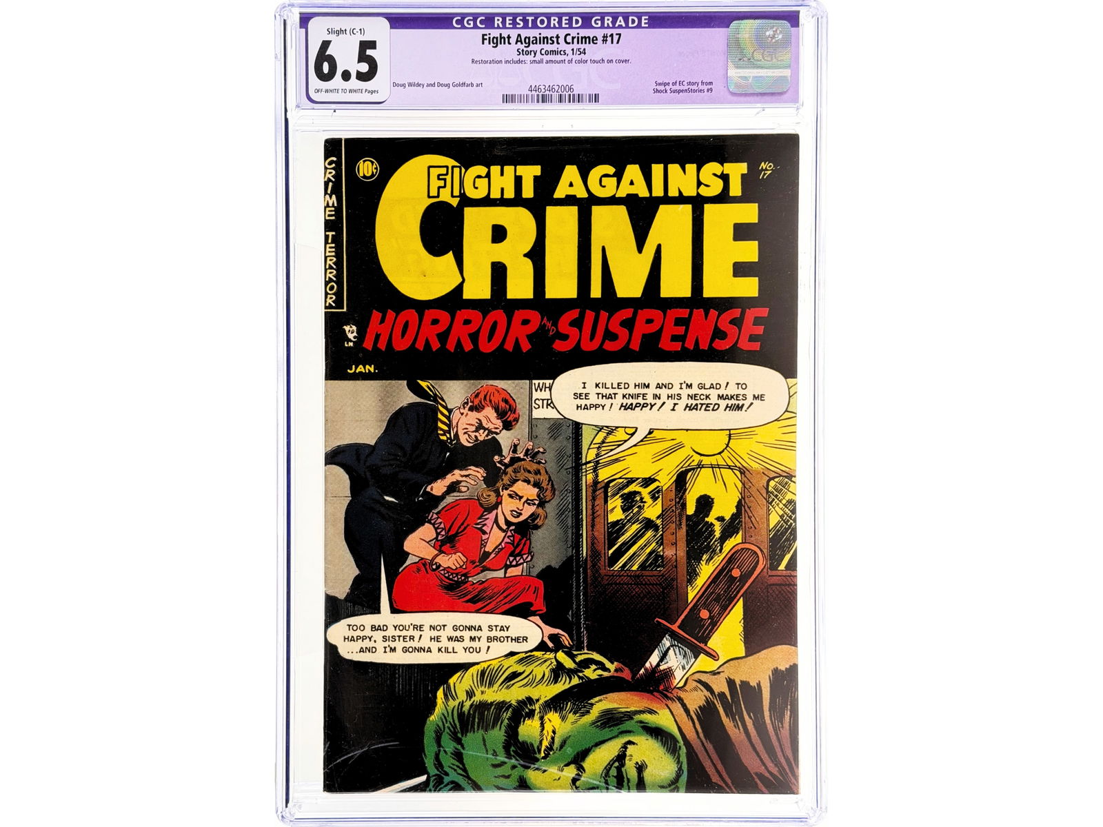 Fight Against Crime 17 (1954) CGC 6.5 Restored: Jan 1954 issue with restoration that includes small color touch on the cover. Features art by Doug Wildey and Doug Goldfarb and includes a swipe of an EC story from Shock SuspenStories 9. Off white