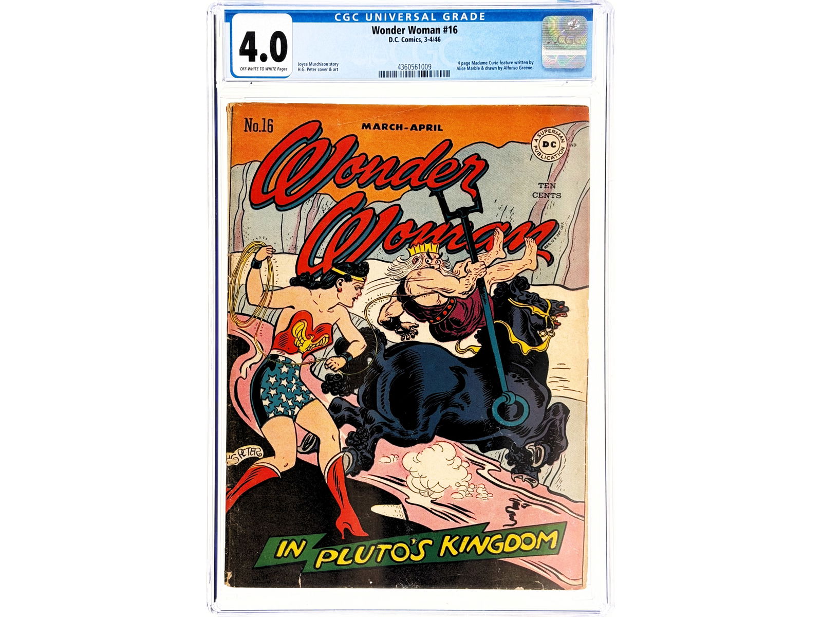 Wonder Woman #16 (1946) CGC 4.0: Mar-Apr 1946 issue featuring a Joyce Murchison story with H. G. Peter cover and art. Includes a four page Madame Curie feature written by Alice Marble and drawn by Alfonso Greene. Off white to white