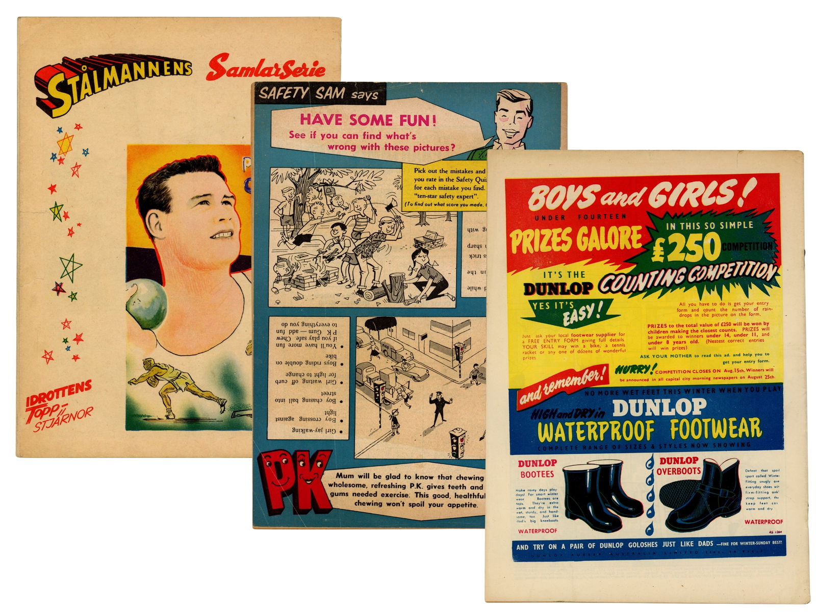 (3) Golden Age Superman/Superboy Foreign Editions: Group of three foreign edition comics, including Superman #1 (1956, Swedish edition), which reprints the cover story from Superman #99, "The Incredible Feats of Lois Lane," along with "The Human
