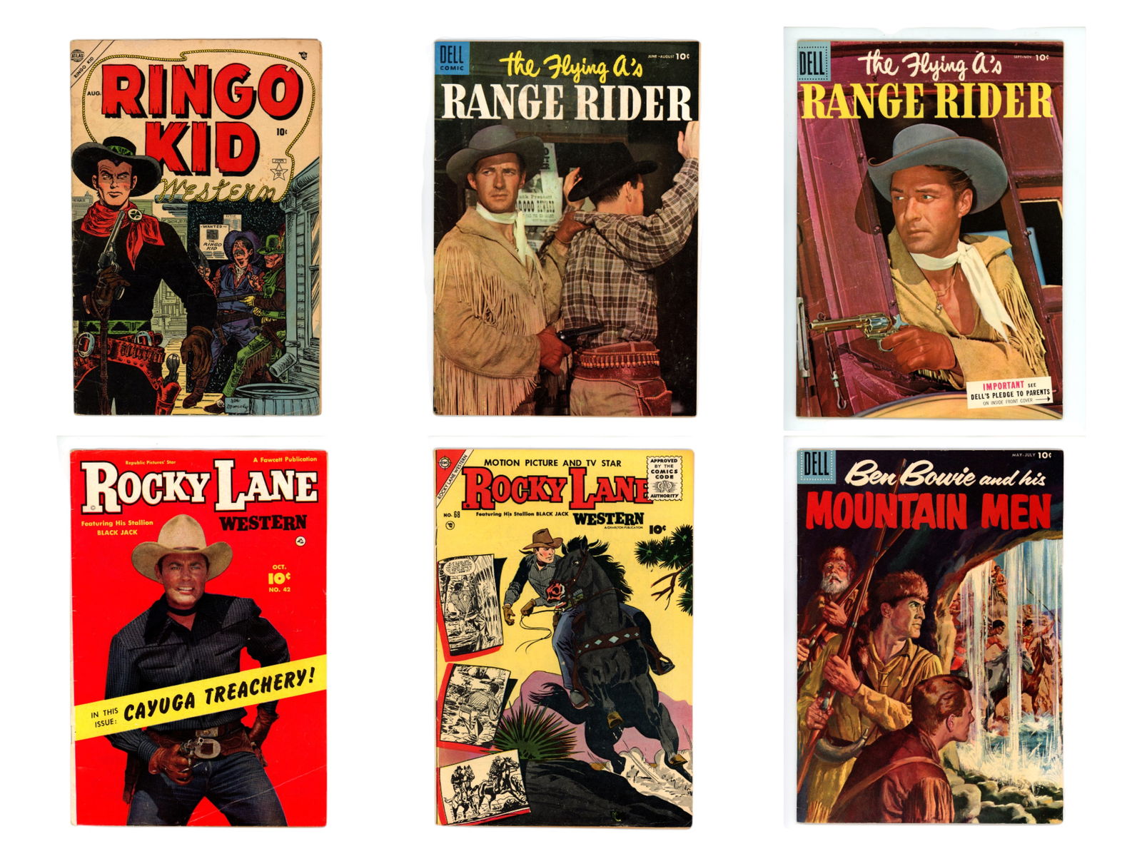 (12) Higher-Grade Western Comics Lot: Includes Ringo Kidd #1 (Atlas), Range Rider #10-11, Rocky Lane #42 & #68, Ben Bowie & His Mountain Men, Sergeant Preston, Four Color #397, Regular Issue #16, Rex Allen #4-6. Mostly Fine-VF.Shipping: