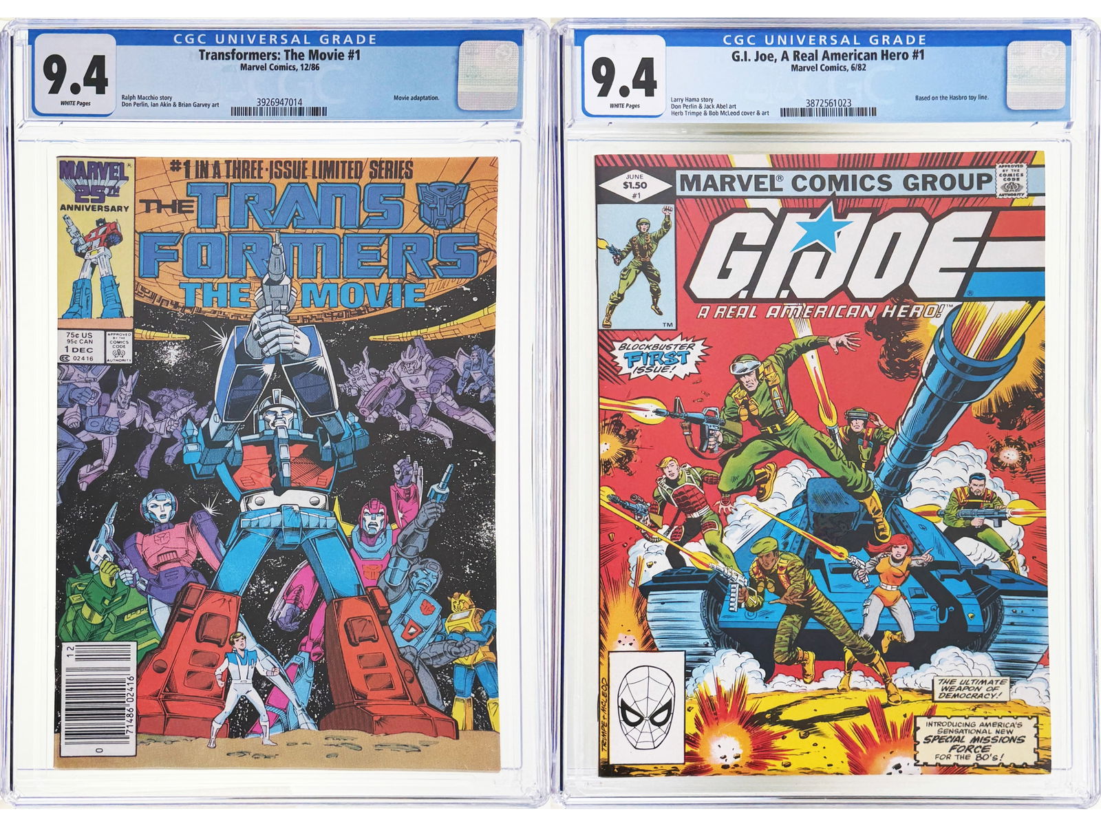 Transformers the Movie #1 & GI Joe #1 - CGC 9.4: Marvel comics, lot of 2 books. Includes Transformers: The Movie #1 (12/86) CGC 9.4, Cert #3926947014 and G.I. Joe, A Real American Hero #1 (6/82) CGC 9.4, Cert #3872561023.Shipping: Weiss Auctions