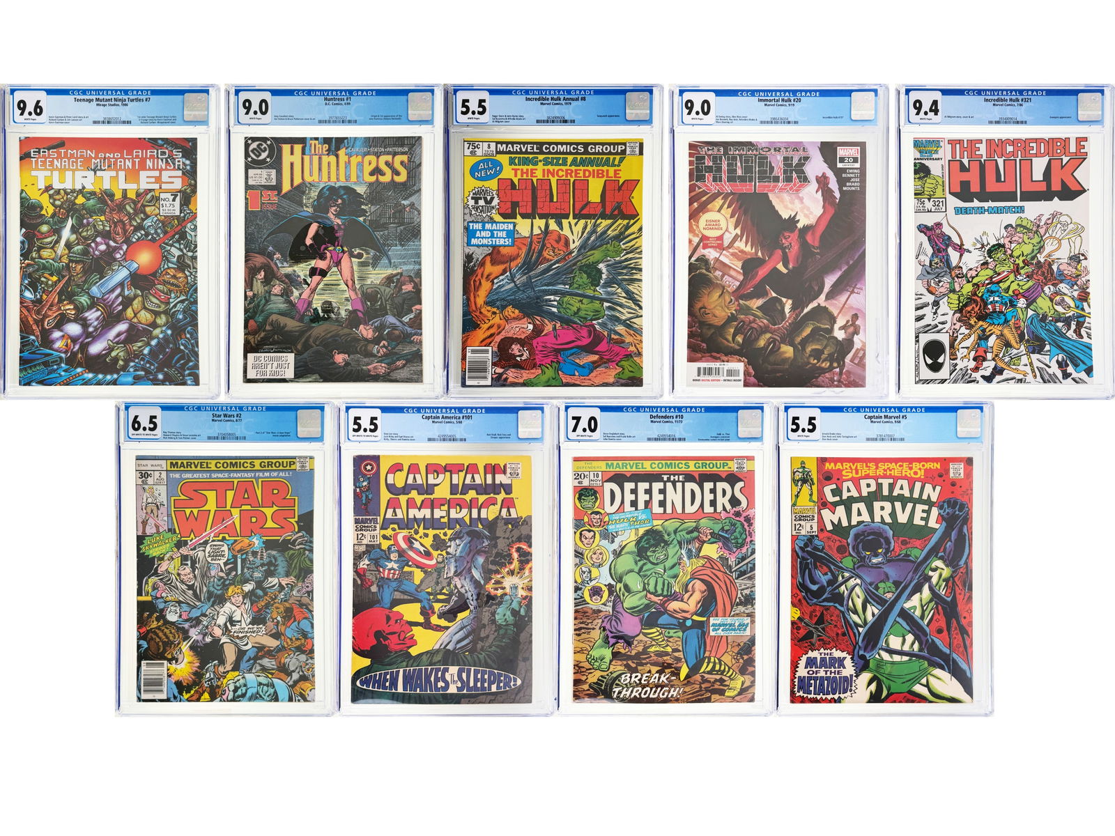 (9) CGC Graded Comic Books: Includes Teenage Mutant Ninja Turtles #7 - CGC 9.6, Huntress #1 - CGC 9.0, Incredible Hulk Annual #8 - CGC 5.5, Incredible Hulk #321 - CGC 9.4, Immortal Hulk #20 - CGC 9.0, Star Wars #2 - CGC 6.5,