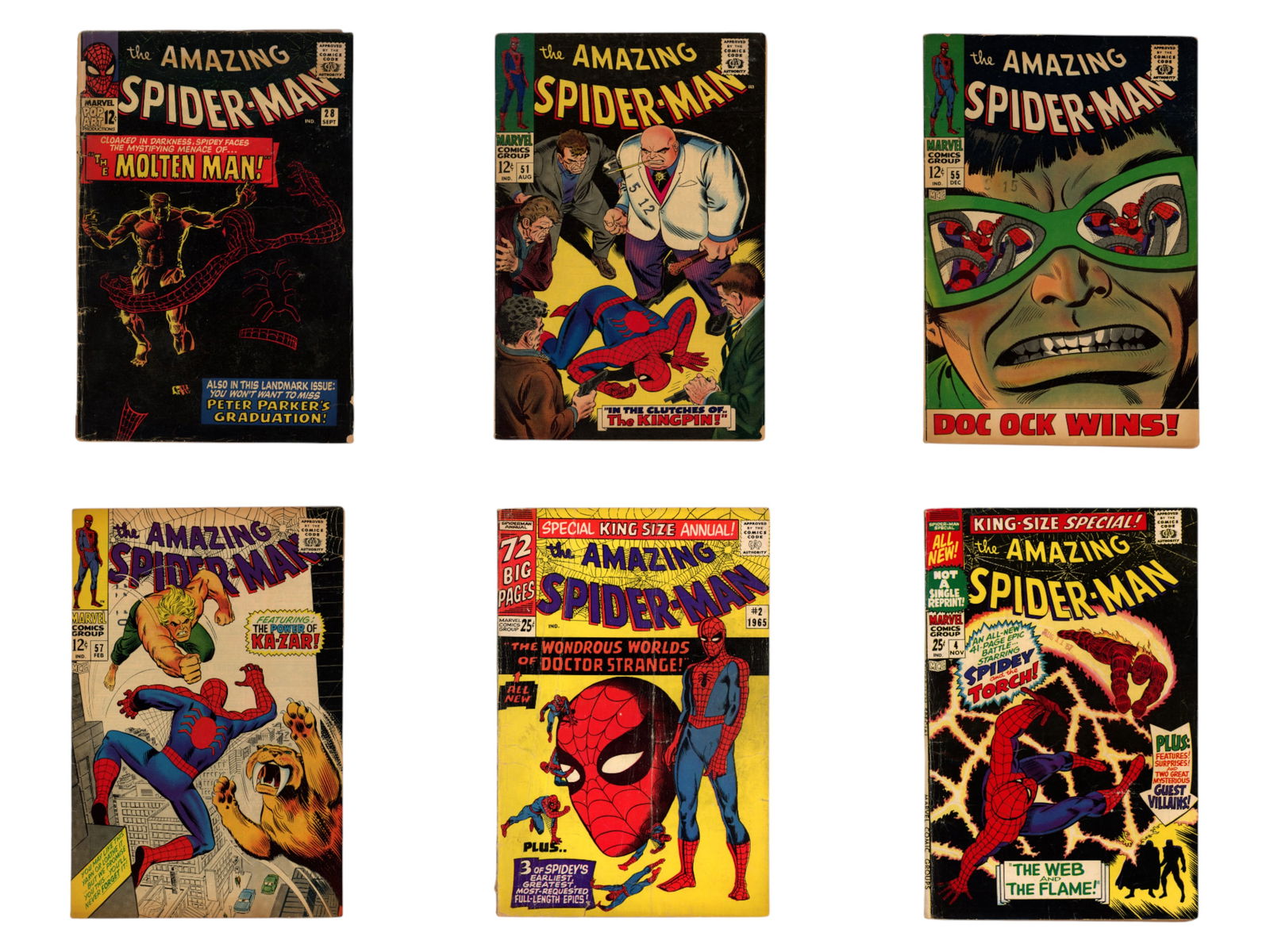 Marvel Amazing Spider-Man Comic Books: Approx. 35 issues. Includes Amazing Spider-Man #28 (first appearance of Molten Man), 51 (2nd appearance of Kingpin and 1st cover), 52, 53, 55, 56, 57, 58, 59 (1st cover appearance of Mary Jane