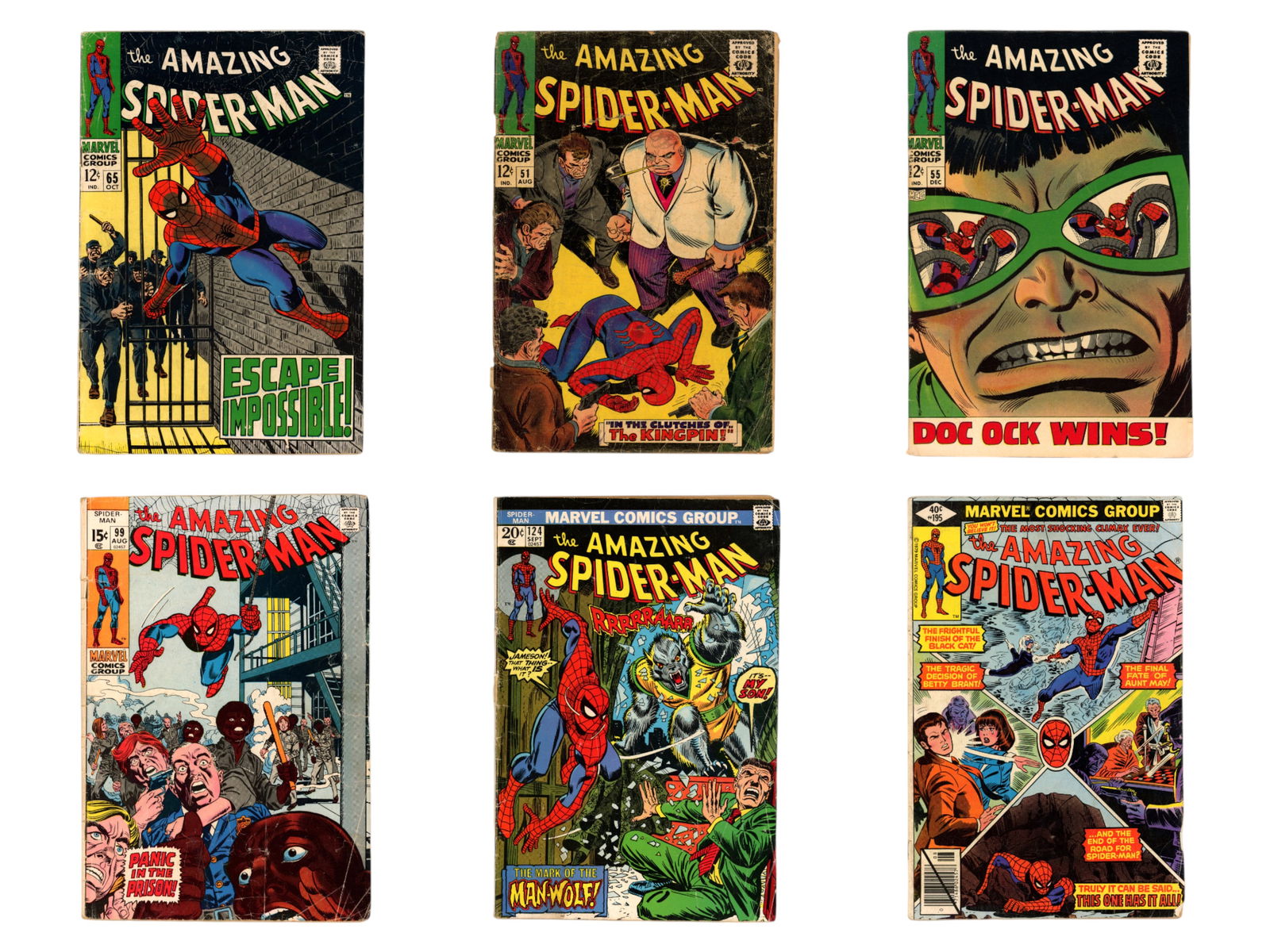 Amazing Spider-Man Comics: Short box of comics. Includes Amazing Spider-Man #51 (2nd appearance and 1st cover of Kingpin), 55 (iconic cover), 62, 65 (two copies), 76, 99, 112, 114 (two copies), 117, 124 (1st appearance of
