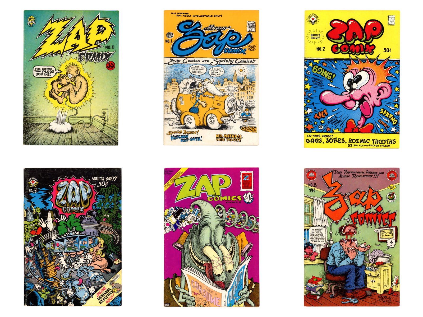 Zap Comix Underground Group (23 Issues): (Apex Novelty/Print Mint/Last Gasp). Includes #0 (2nd printing), (2) #0 (10th printing), #1 (3rd printing), #1 (8th printing), #2 (2nd printing), #4 (2nd printing), #5 (1st printing), #5 (5th