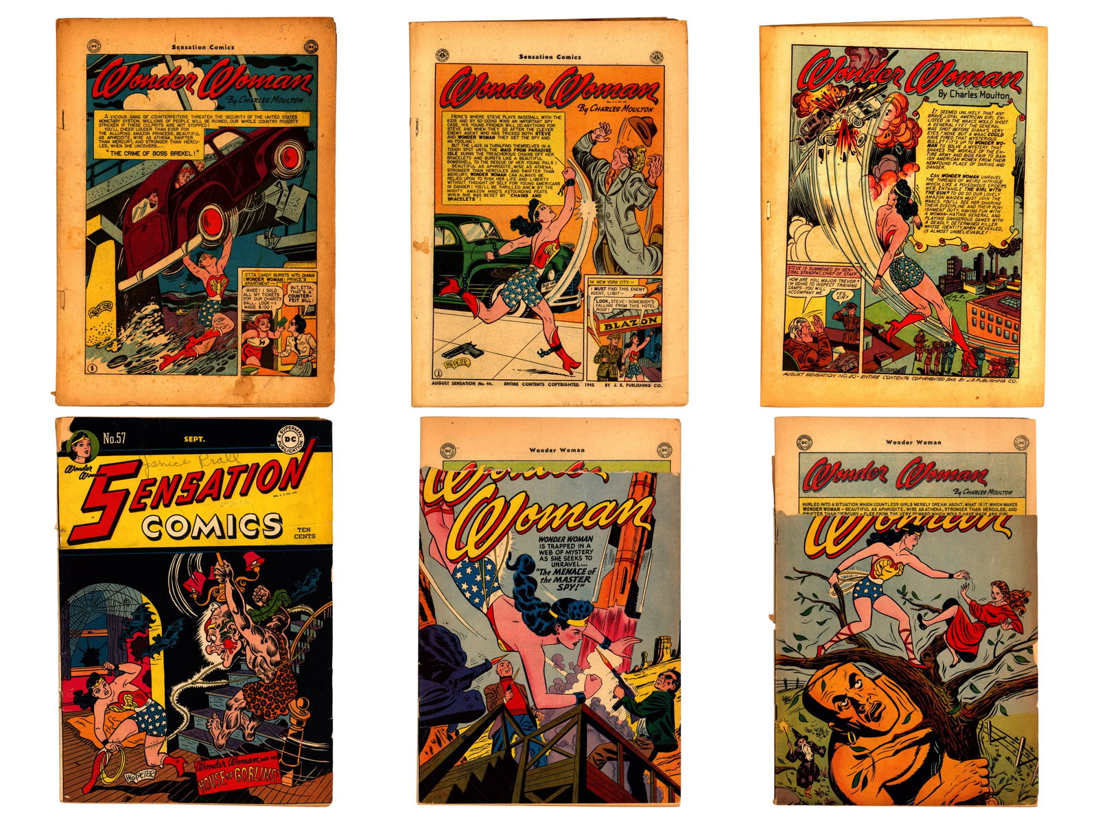 DC Sensation Comics & Wonder Woman Group: Includes Sensation Comics #20 (coverless), #34 (coverless, missing pages), #44 (coverless), #51 (coverless), 57, 65, 66, 70 (coverless), 71, 74, 77 (coverless), 78 (coverless), 79 (cut cover), 80