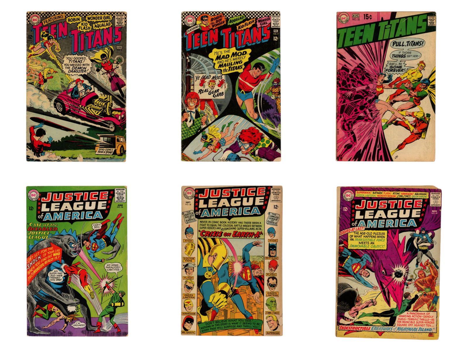Silver Age DC Teen Titans & JLA Group: Approx. 64 issues. Includes Teen Titans #3, 7 (1st appearance of Mad Mod), 8, 9, 11-12, 14, 16-18, 19, 20-24, 25 (1st appearance of Lilith Clay), 26, 27-45 and Justice League of America #36, 38, 40,