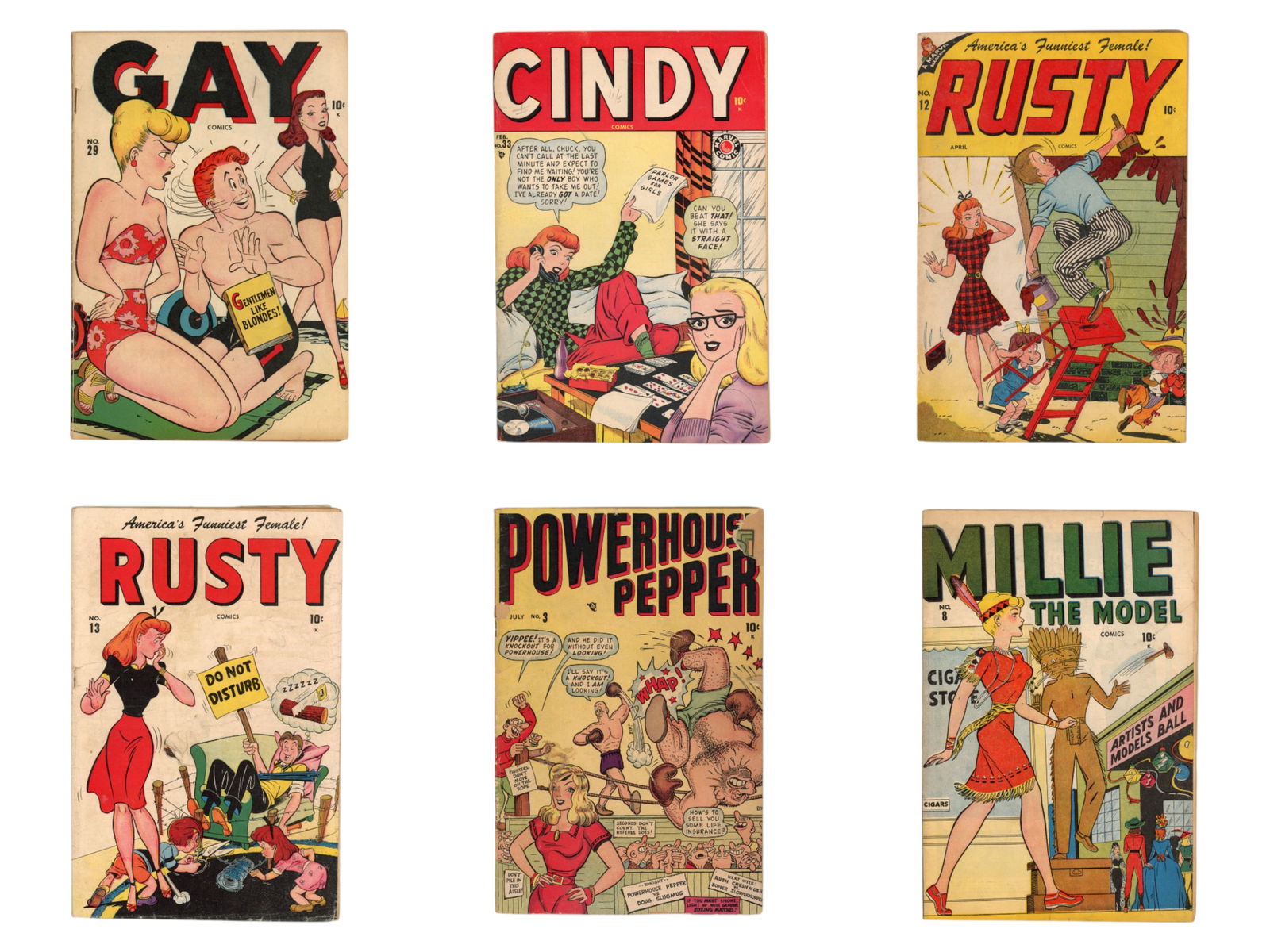 Timely / Marvel Golden Age Comics - (9) Issues: Includes Gay Comics #29; Cindy Comics #33; Rusty Comics #12 and 13; Powerhouse Pepper #3; Millie the Model 8, 14 and 18; and Willie Comics #8 and 19. Comics are in mixed condition throughout, with