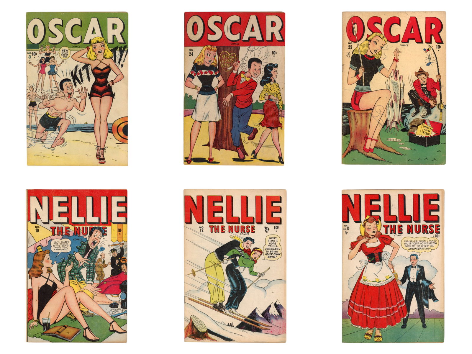 Timely / Marvel Golden Age Comics - (8) Issues: Includes Oscar Comics #3, 24, and 25, and Nellie the Nurse #10, 12, 15, 17, and 19. Comics are in mixed condition throughout, with wear consistent with age and handling, including spine stress,