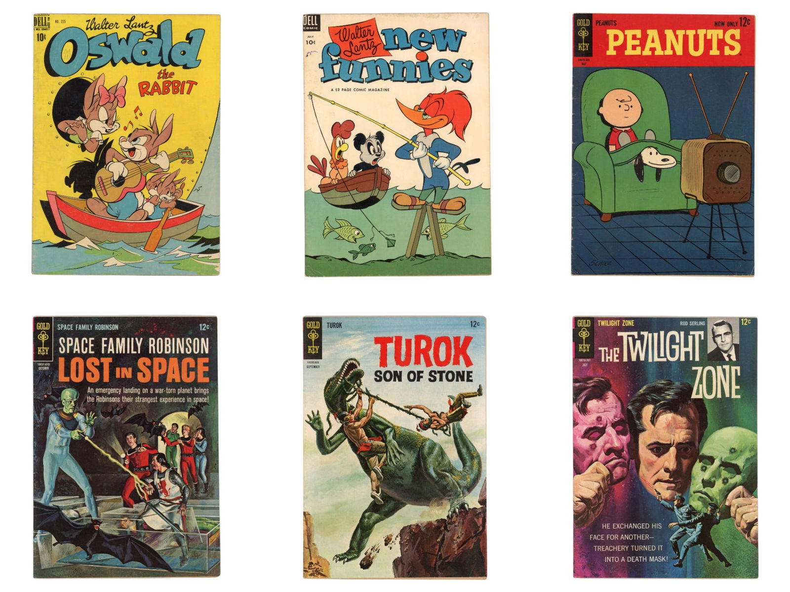 Large Group of Dell & Gold Key Comics: Includes a large assortment of Dell and Gold Key comic books across a wide range of popular titles and genres. Highlights include Peanuts #1 (Gold Key) and Peanuts #3-13 (Dell); Space Family