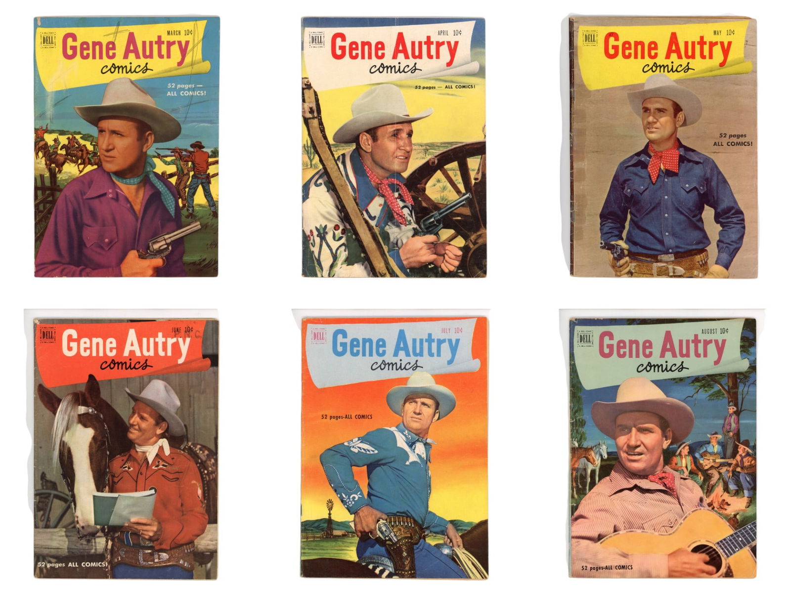 Dell Comics Gene Autry Run #49-96: (Dell, 1951-1955) Nice continuous run featuring #49-96. Comics are in mixed condition throughout, with some issues appearing in higher grade, while others show wear consistent with age and handling.