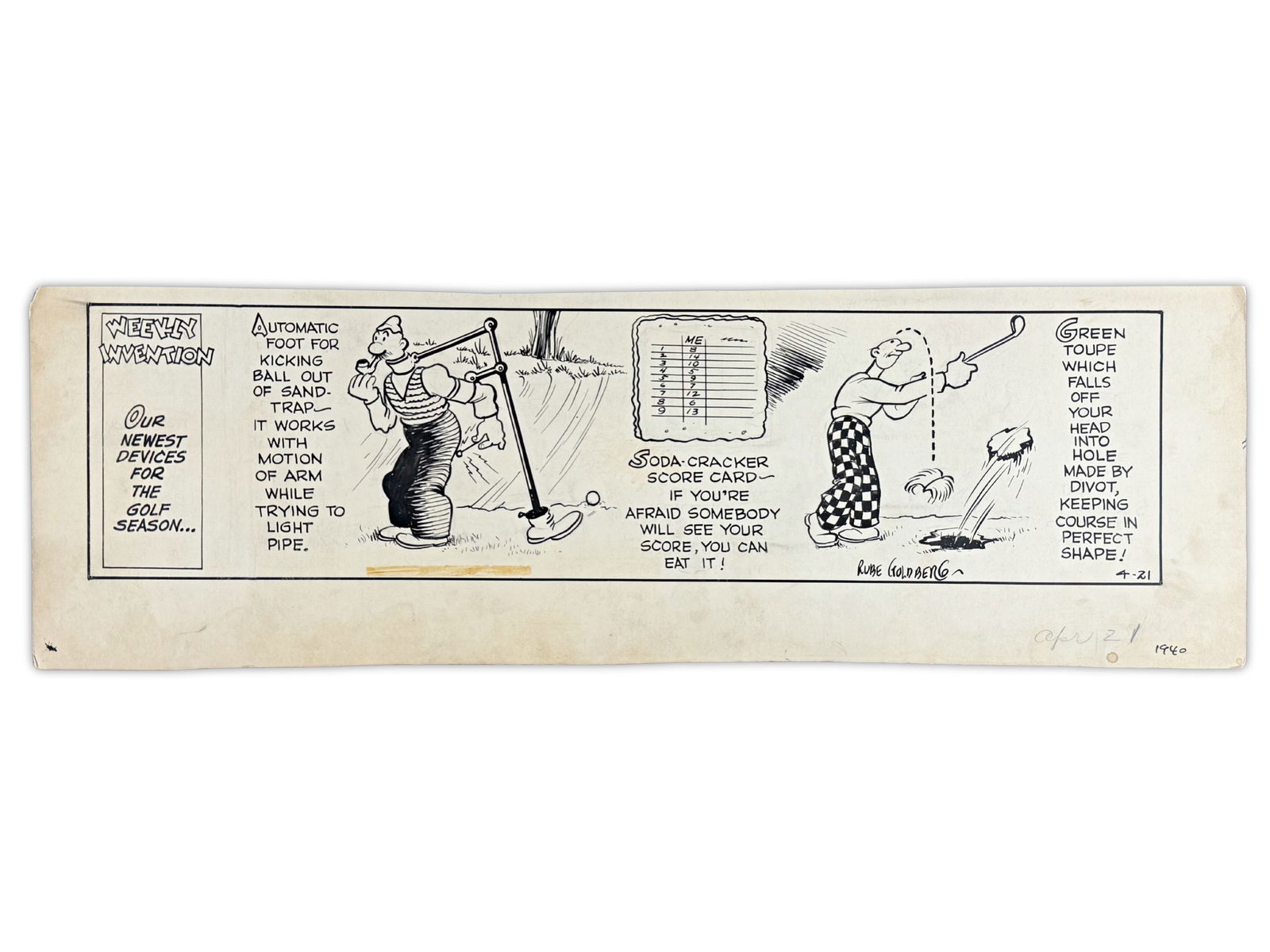 Rube Goldberg Weekly Invention Artwork: Original Weekly Invention cartoon panel titled "Our Newest Devices for the Golf Season." Features multiple satirical golfing inventions.Artwork done by Rube Goldberg, legendary cartoonist best known