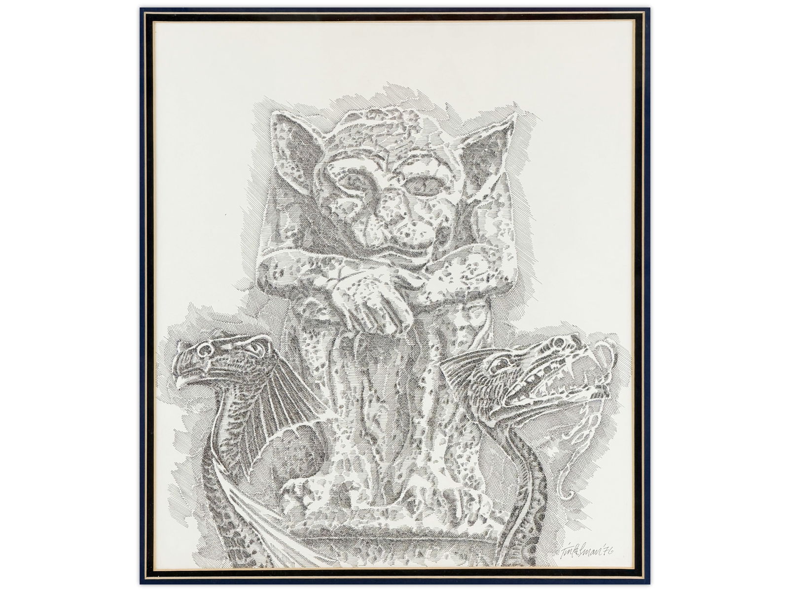 Murray Tinkelman Original Lovecraft Art: Murray Tinkelman original pen and ink Lovecraft cover art of a Gargoyle like creature. Attributed by the artist's label to The Horror in the Museum, but does not appear to have been a published cover