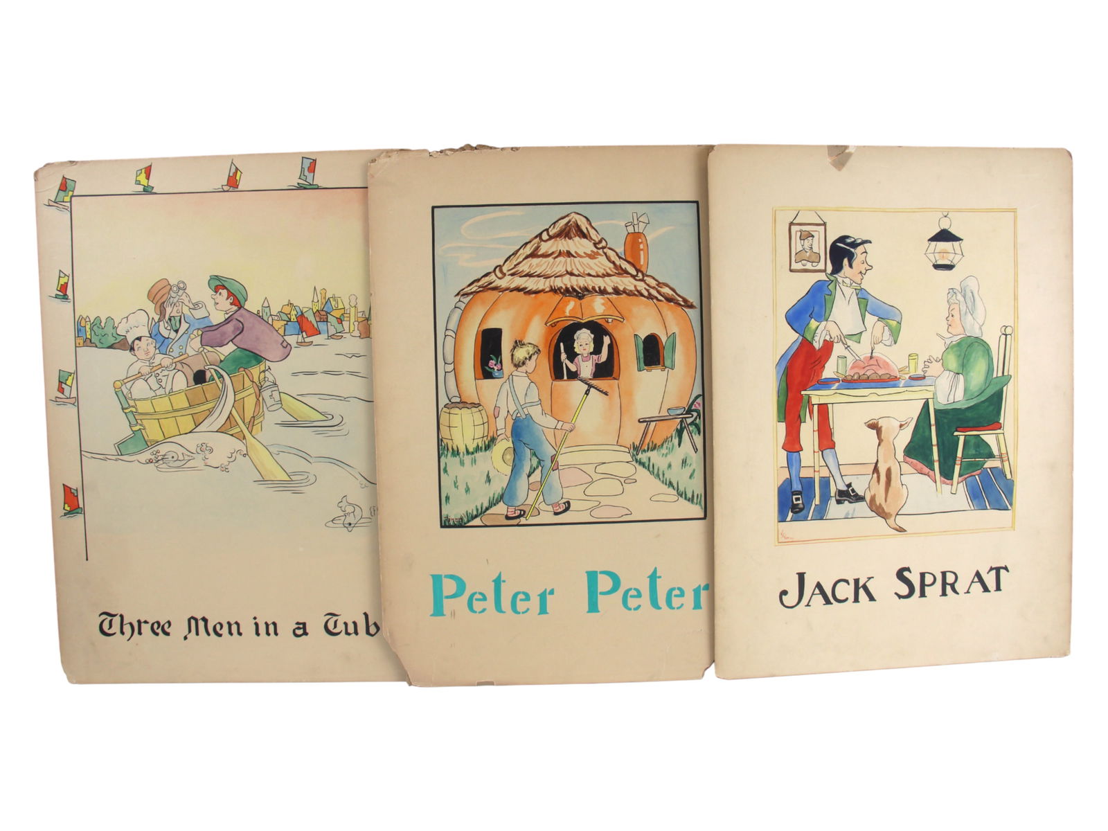 Nursery Rhyme & Holiday Illustration Art: Large group of (25) twenty five vintage illustrated nursery rhyme and seasonal art pieces, likely produced for children's display or educational use. The group includes classic storybook and holiday t