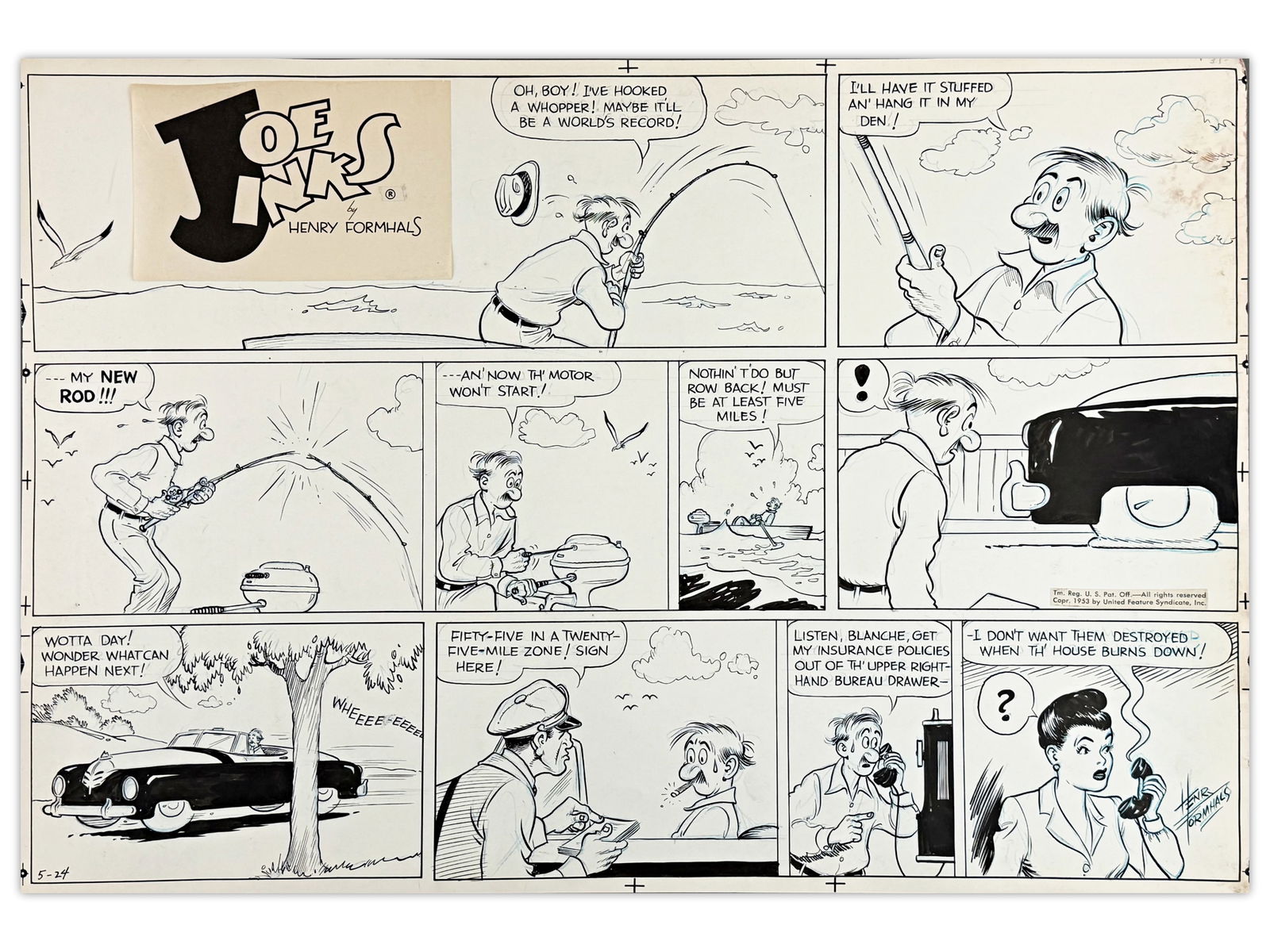 Henry Formhals, Joe Jinks Sunday Comic Art Page: Original Sunday Comic Art Page for "Joe Jinks" by Henry Formhals, dated 5-24-53, United Features Syndicate. Image area approx. 22-1/2" x 15". Ink over blue pencil. Some staining along the right edge.