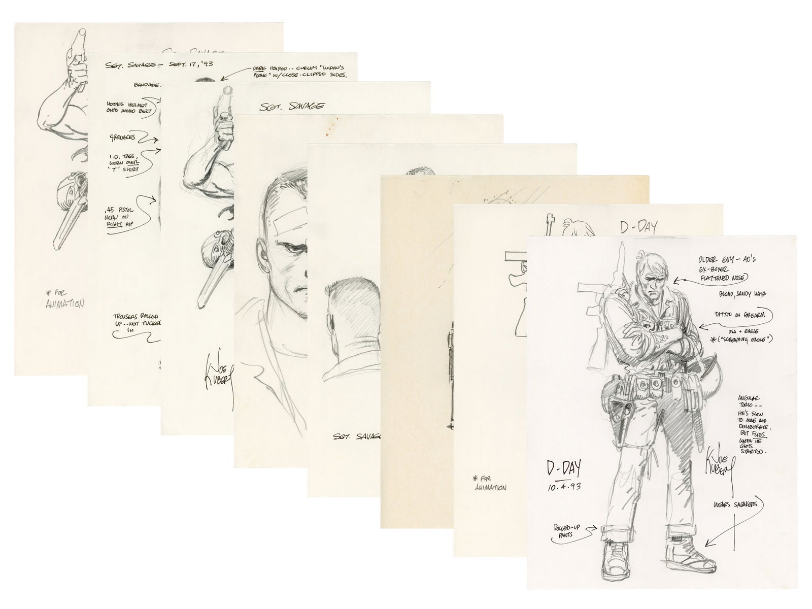 Joe Kubert GI Joe Sgt Savage Concept Art Sketches: Group of eight original pencil character design and concept sketches by legendary comic artist Joe Kubert, created during pre-production development for Hasbro's "G.I. Joe Sgt. Savage and the Screamin