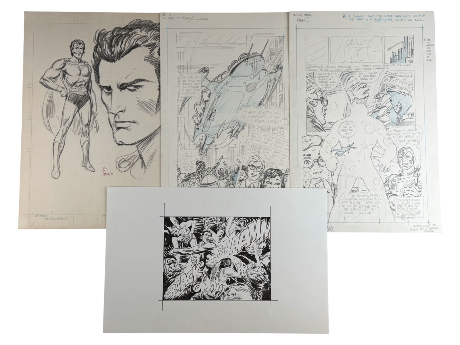 Joe Kubert, Superhero Pencil Concept Sketches: Offered is a group of 4 never published concept superhero sketches by Joe Kubert. One of the pages is dated Dec. 10, 1981. Each page overall is approx. 11.5" x 17", with the art image smaller. Also in