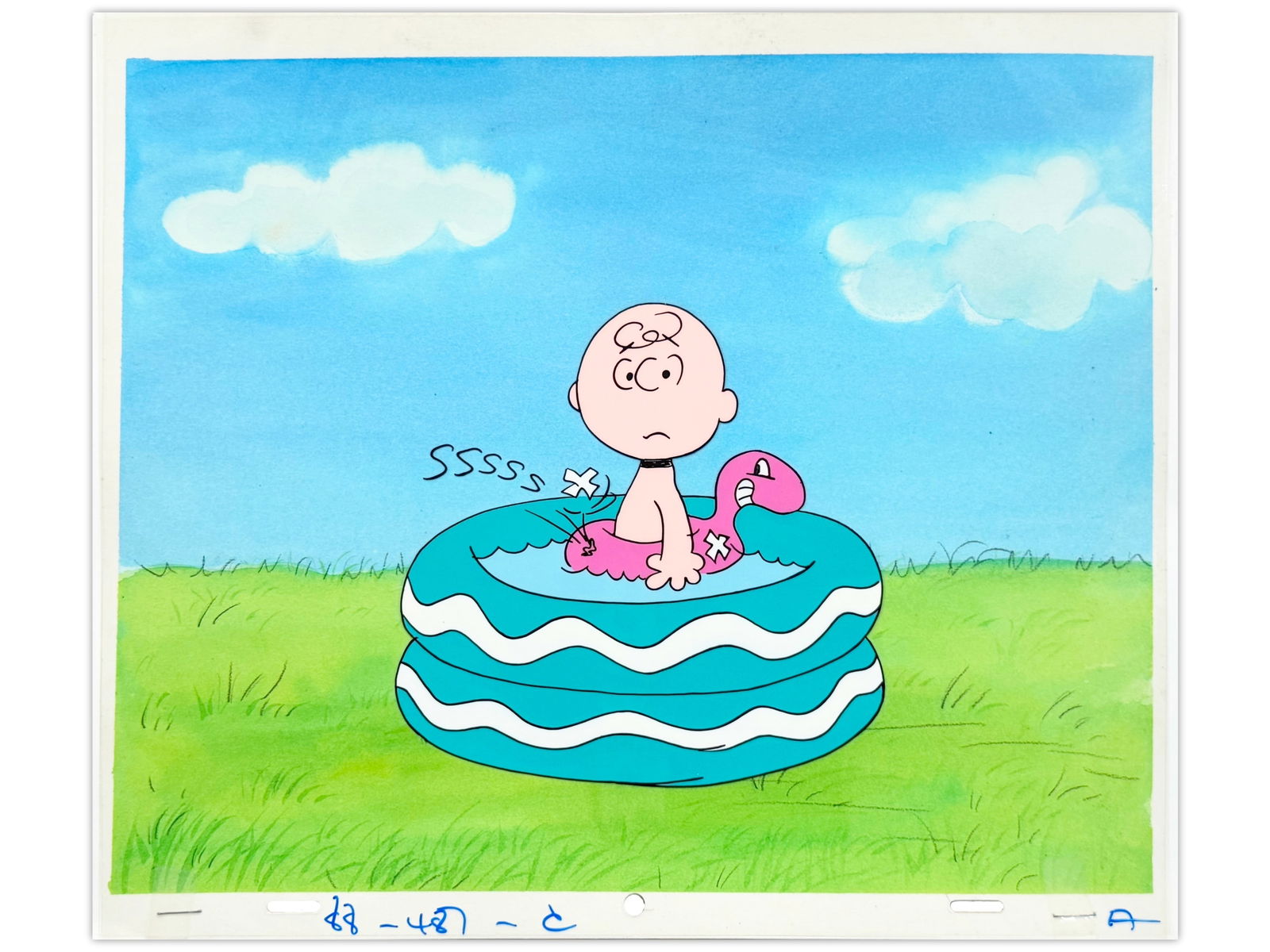 Peanuts Production Cel with Master Background: Original hand-inked and hand-painted Peanuts production cel from an early MetLife Insurance commercial, circa 1980/90s. Features Charlie Brown in a kiddie pool with a painted master background. Cel me