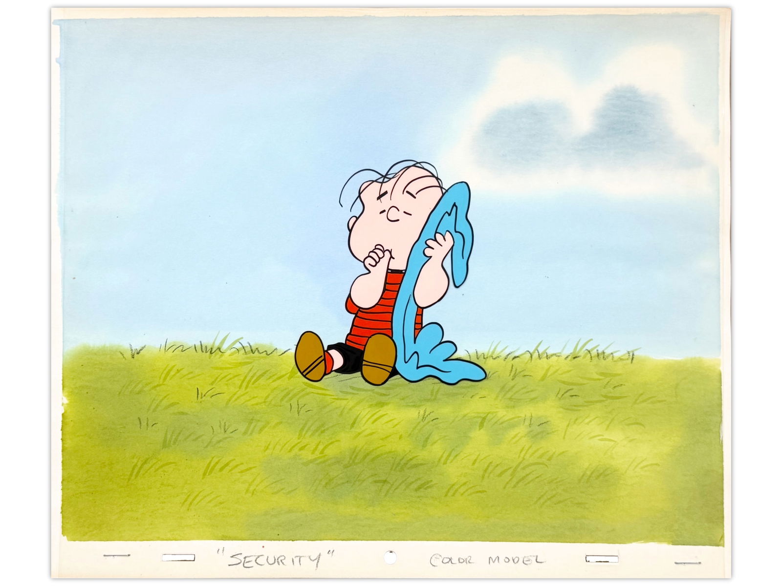 Peanuts Production Cel with Master Background: Original hand-inked and hand-painted Peanuts production cel from an early MetLife Insurance commercial, circa 1980/90s. Features Linus with a painted master background. Cel measures approximately 12