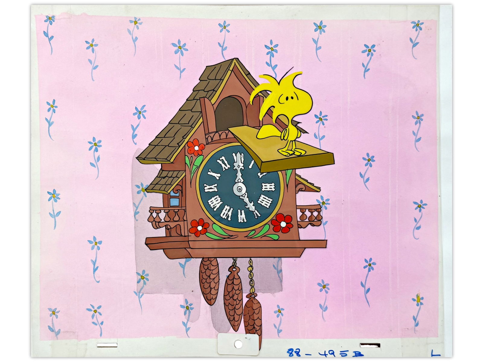 Peanuts Production Cel with Master Background: Original hand-inked and hand-painted Peanuts production cel from an early MetLife Insurance commercial, circa 1980/90s. Features Woodstock on a cuckoo clock with a painted master background. Cel
