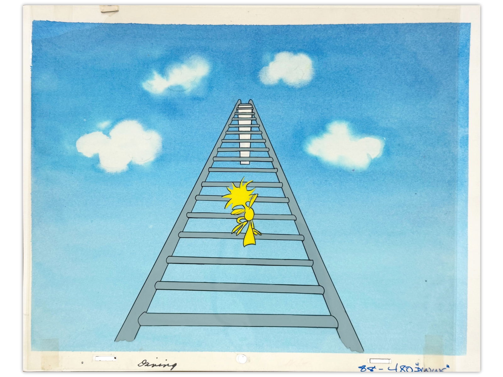 Peanuts Production Cel with Master Background: Original hand-inked and hand-painted Peanuts production cel from an early MetLife Insurance commercial, circa 1980/90s. Features Woodstock climbing a long ladder to a diving board with a painted