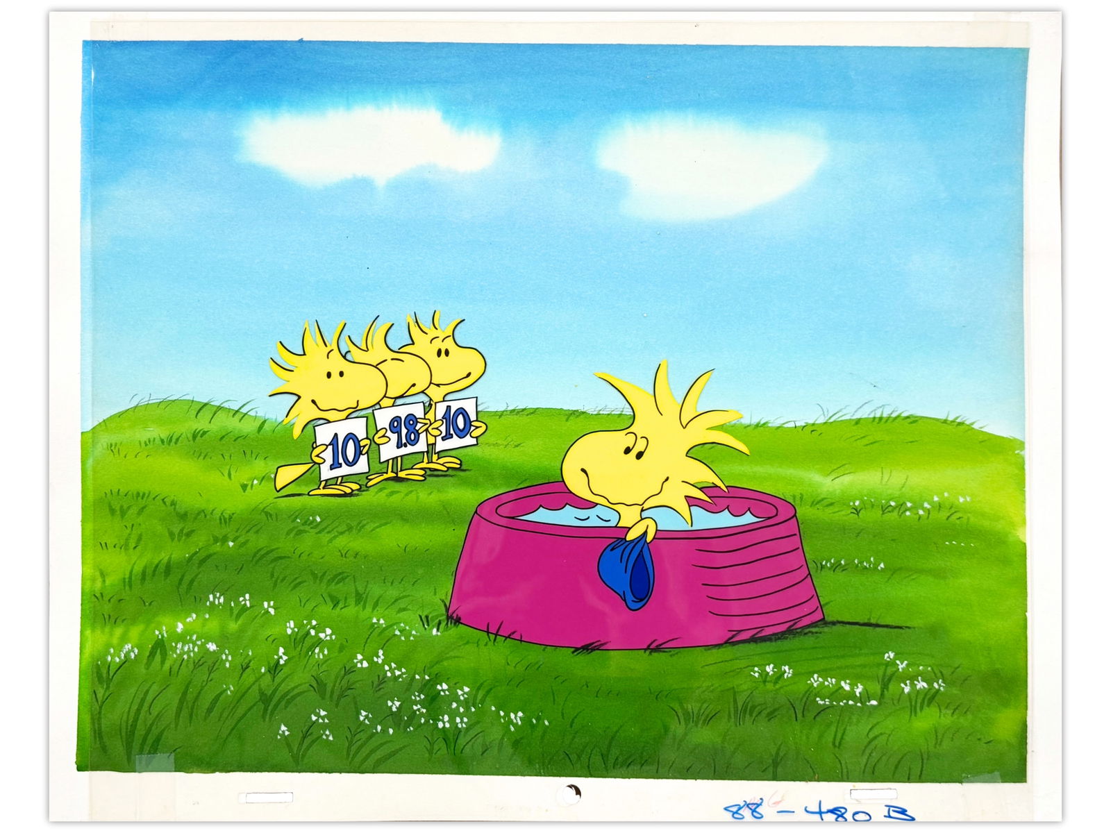 Peanuts Production Cel with Master Background: Original hand-inked and hand-painted Peanuts production cel from an early MetLife Insurance commercial, circa 1980/90s. Features Woodstock in a kiddie pool with a painted master background. Cel