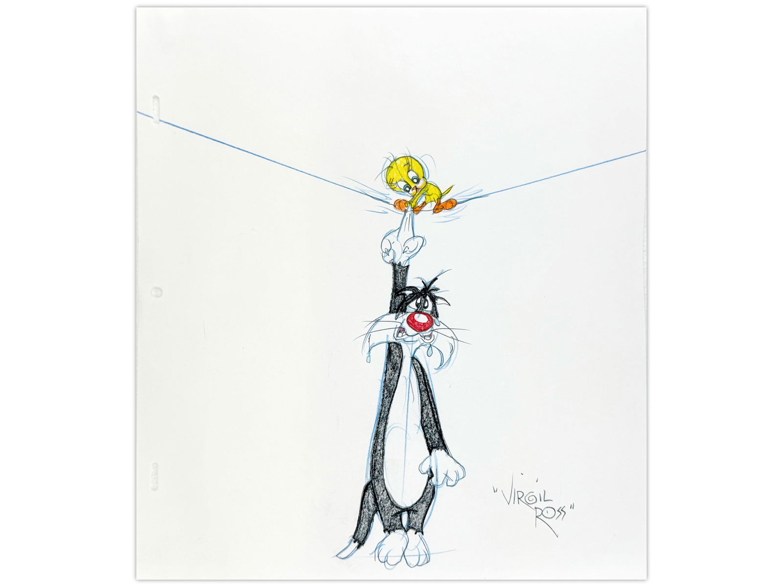 Virgil Ross Signed Animation Drawing: Great drawing featuring Sylvester and Tweety Bird. Created in pencil, blue graphite, and crayon. Done on animation paper, overall paper size approx. 12-1/2" x 10-1/2". Signed by Ross at lower