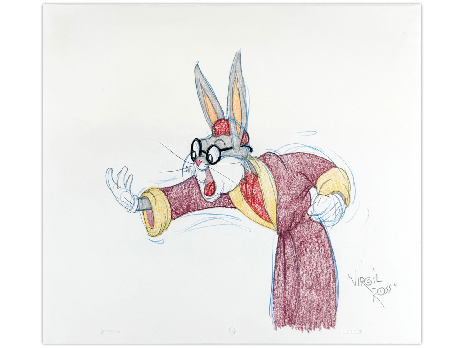 Virgil Ross Signed Animation Drawing: Great drawing featuring Bugs Bunny in wizard's robe. Created in pencil, blue graphite, and crayon. Done on animation paper, overall paper size approx. 12-1/2" x 10-1/2". Signed by Ross at lower