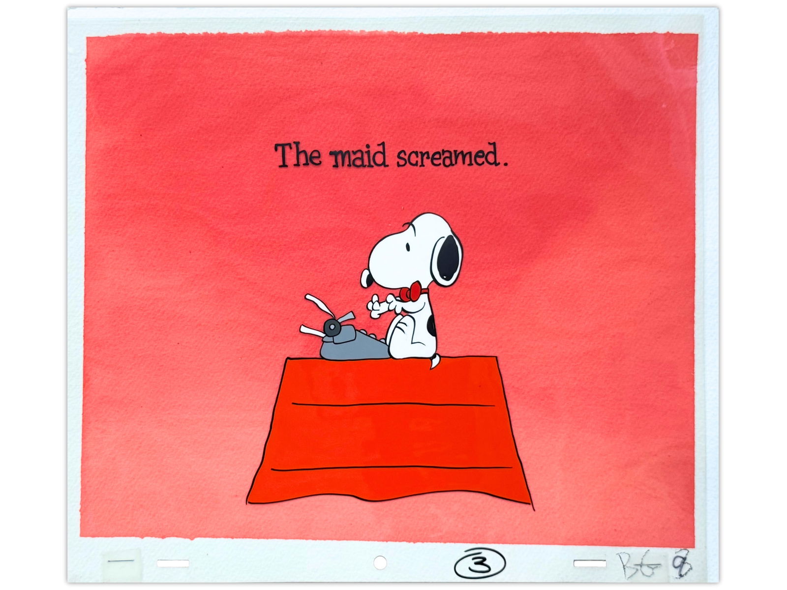 Peanuts Production Cel with Master Background: Original hand-inked and hand-painted Peanuts production cel from an early MetLife Insurance commercial, circa 1980/90s. Features Snoopy on top of the doghouse beneath the text: "The maid screamed."