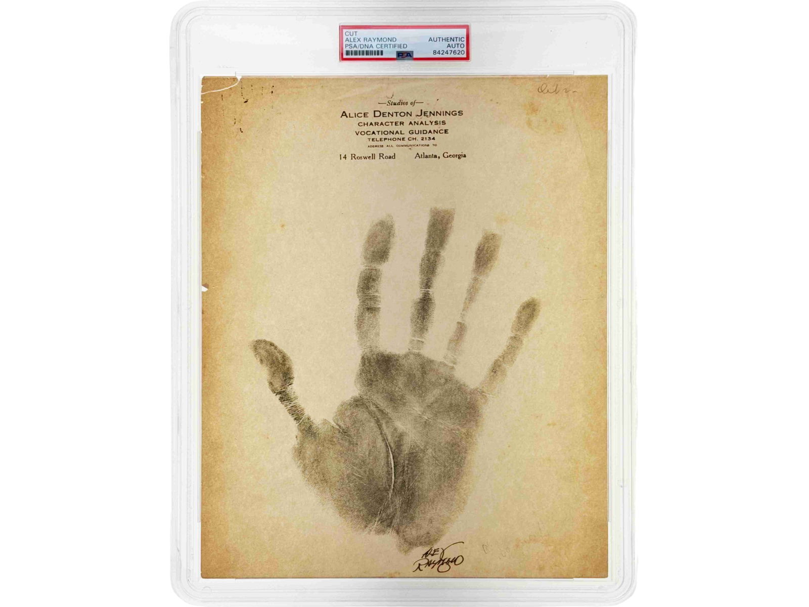 Alex Raymond Handprint Signed - PSA/DNA: Original handprint of Alex Raymond, the very hand that created Flash Gordon. Alexander Gillespie Raymond Jr., was an American cartoonist and illustrator best known as the creator of Flash Gordon, whic