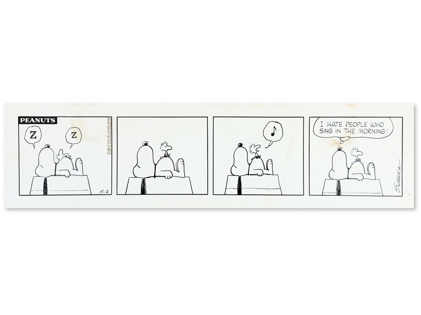 Charles Schulz Peanuts Daily Strip (5-2-1970): Original hand-drawn Peanuts daily comic strip by Charles M. Schulz, dated May 2, 1970. Four-panel sequence with Snoopy and Woodstock atop the doghouse, ending with the line: "I hate people who sing in
