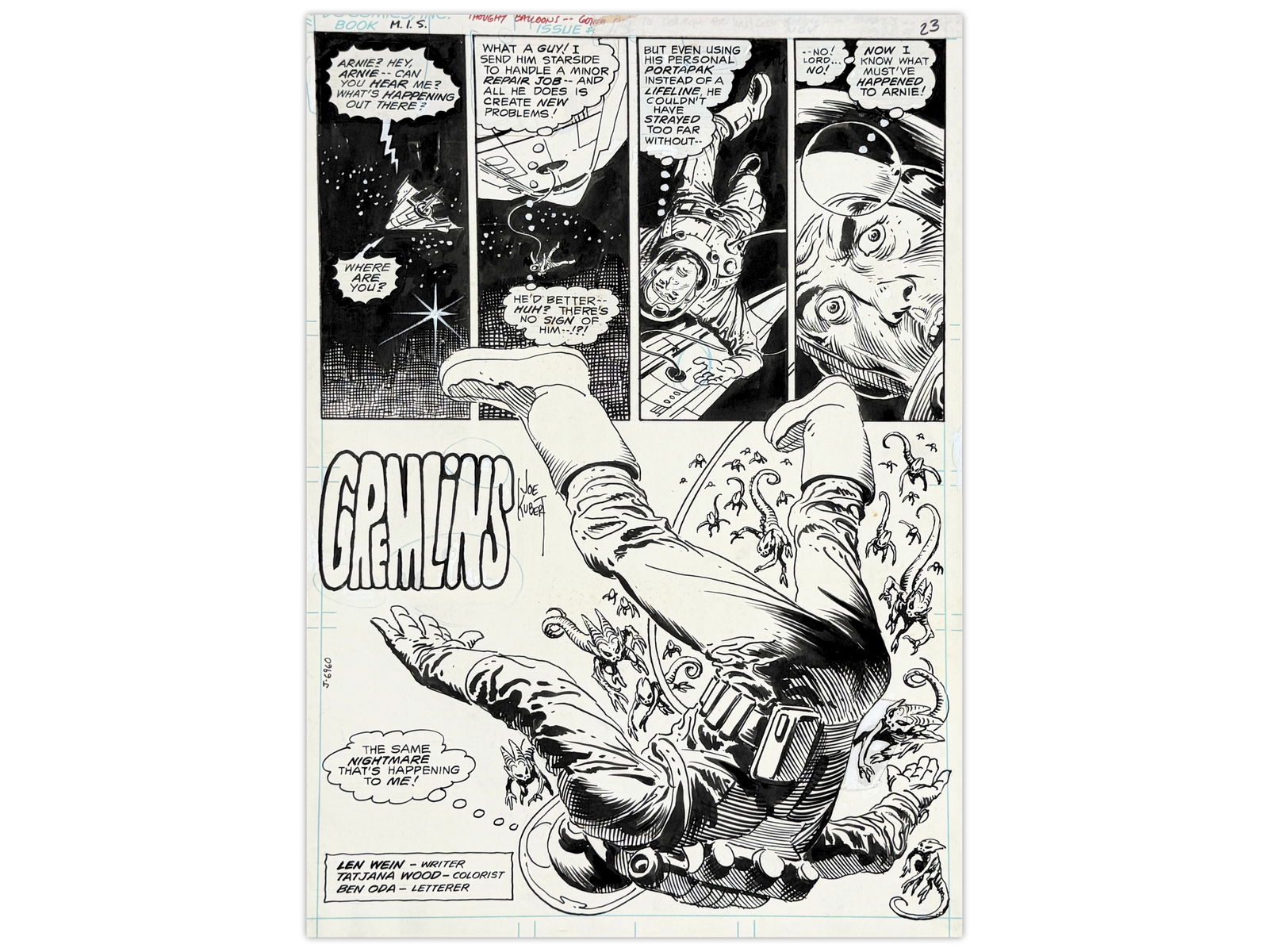 Joe Kubert Mystery in Space #113 pg.23 Art: Original 1980 interior story artwork from DC Comics' Mystery in Space #113, page 23. Features the story dialogue line: "The same nightmare that's happening to me!" Artwork measures approximately
