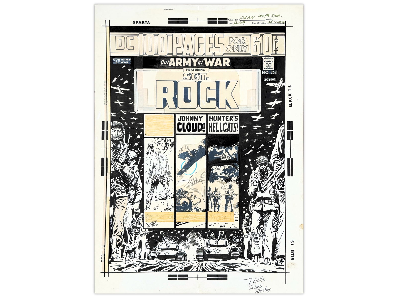 Joe Kubert Our Army at War #269 Cover Art: Original 1974 cover artwork for DC Comics' Our Army at War #269, published June 1974. Strong Kubert cover featuring Sgt. Rock. Artwork measures approximately 10" x 15".Artwork done by Joe Kubert,