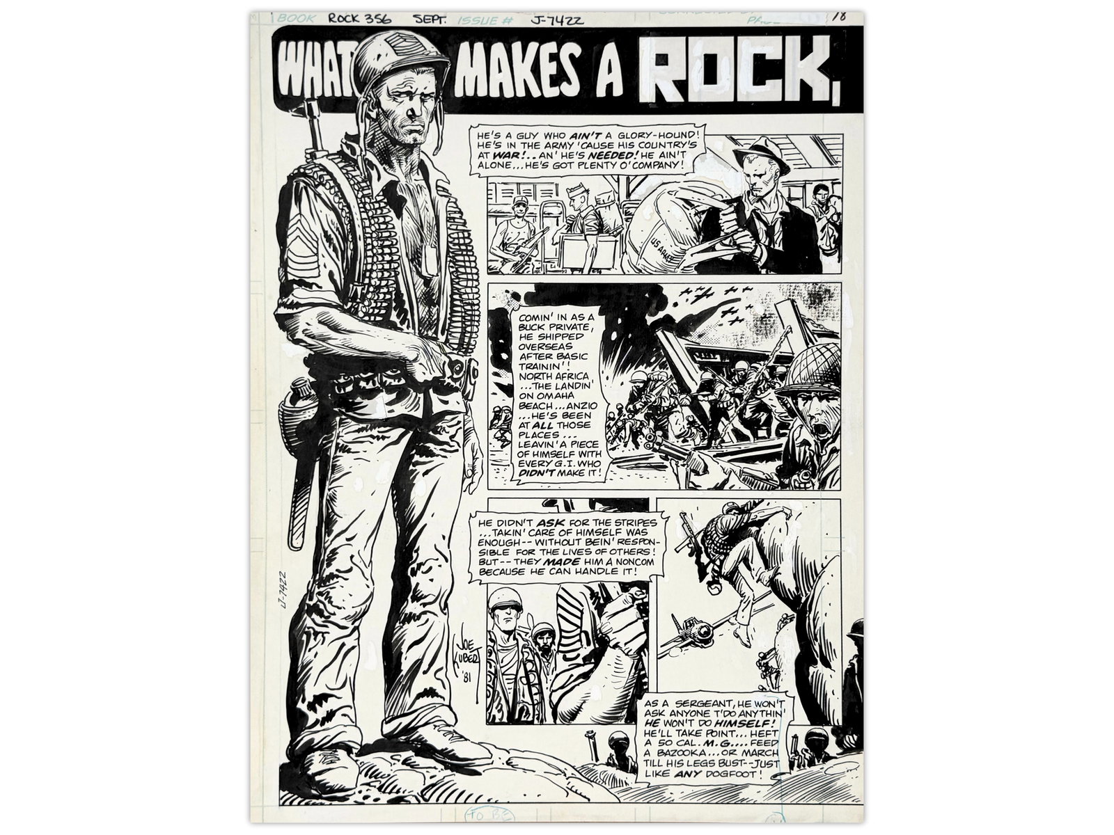 Joe Kubert Sgt. Rock #356 pg.18 Art: Original 1981 full-page interior artwork from DC Comics' Sgt. Rock #356, page 18, for the story "What Makes a Rock." Strong single-page composition in Kubert's signature war style. Artwork measures