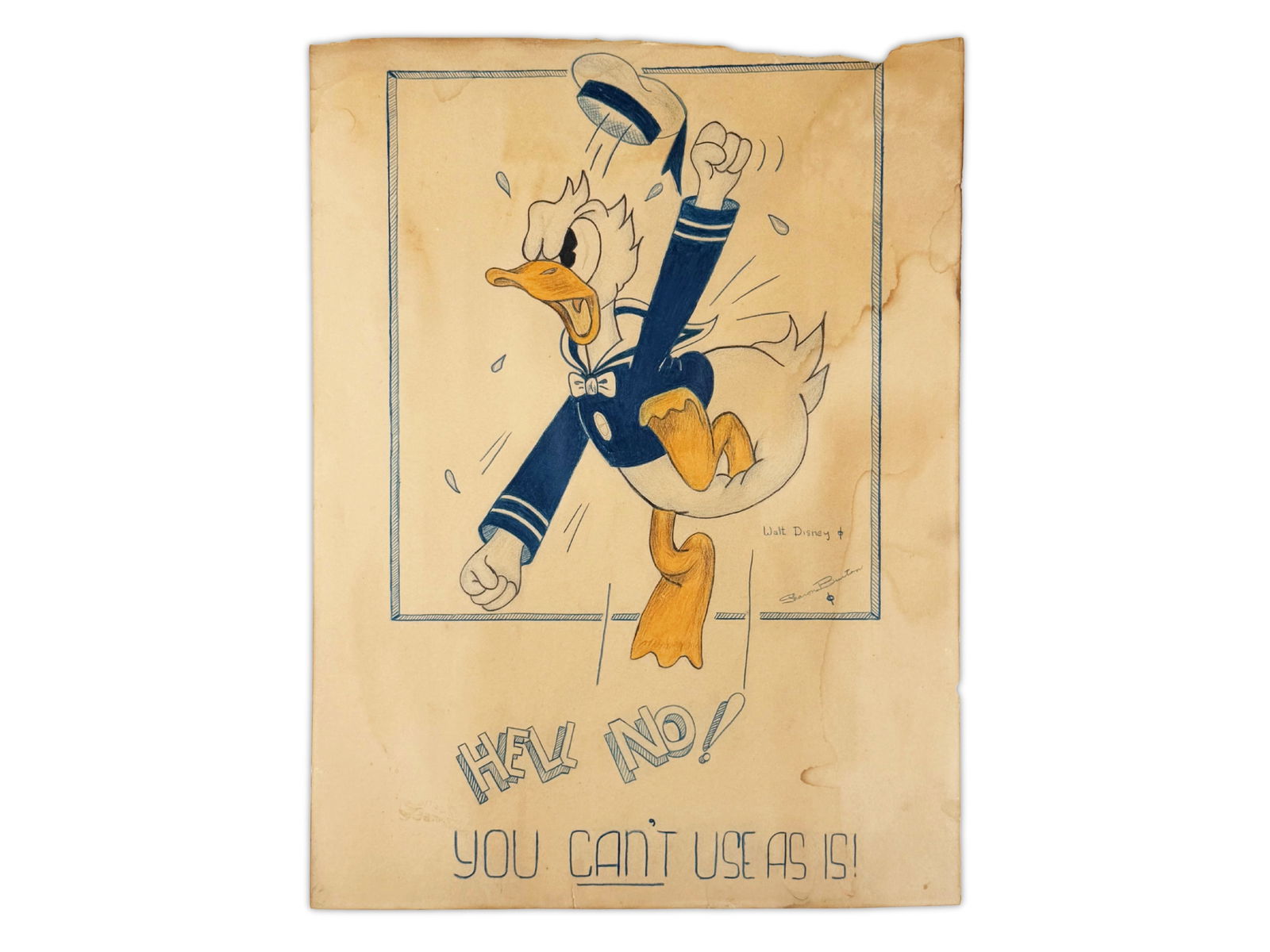 Original 1930's Donald Duck Pencil & Pastel Drawing: Overall approx. 12" x 16". Paper is torn along the top edge and has some staining/soiling. Our consignor informed us that this piece at one time this hung in the animation department in Disney. Shippi