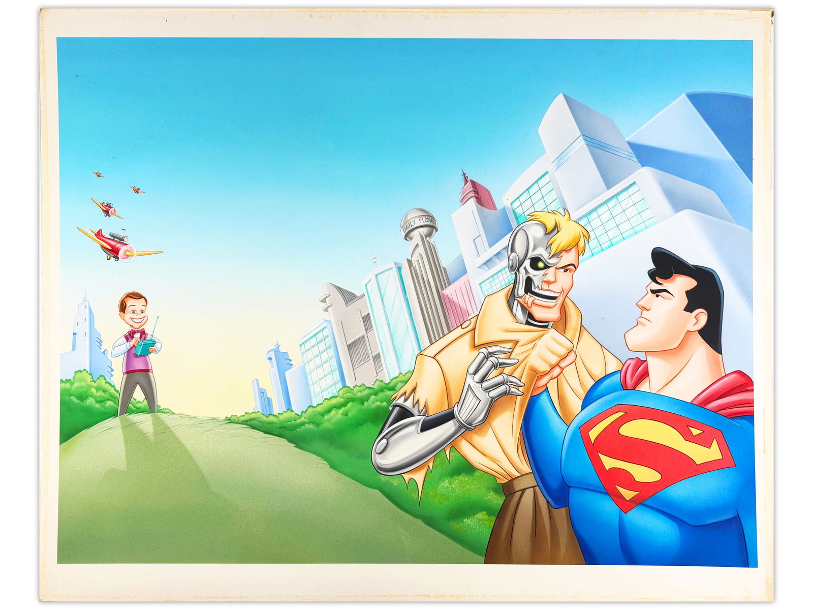 Superman Animated Series Original Art: Original artwork on illustration board from Superman: The Animated Series, titled "Cold Vengeance." The piece depicts Superman confronting Metallo, the cyborg villain, set against a background featuri