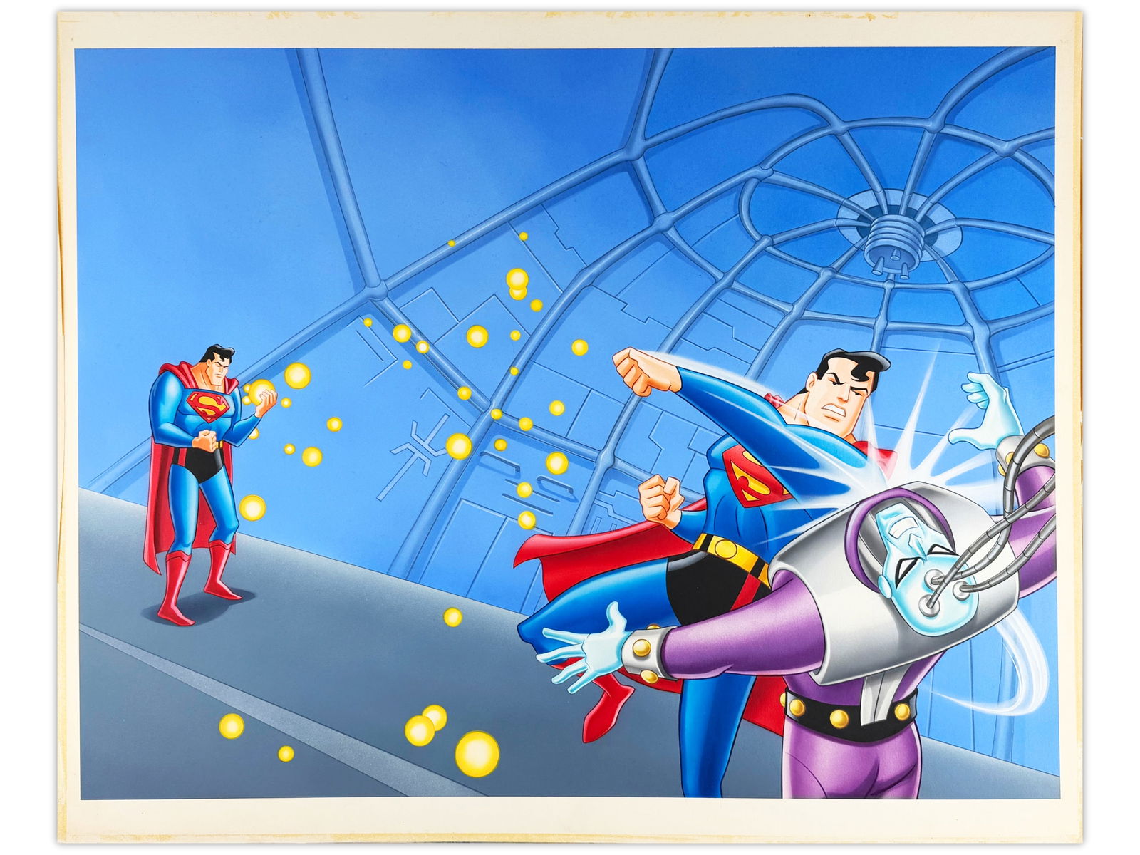Superman Animated Series Original Art: Original artwork on illustration board from Superman: The Animated Series, titled "Programmed for Destruction." The piece depicts Superman battling Brainiac, set against a futuristic style background.