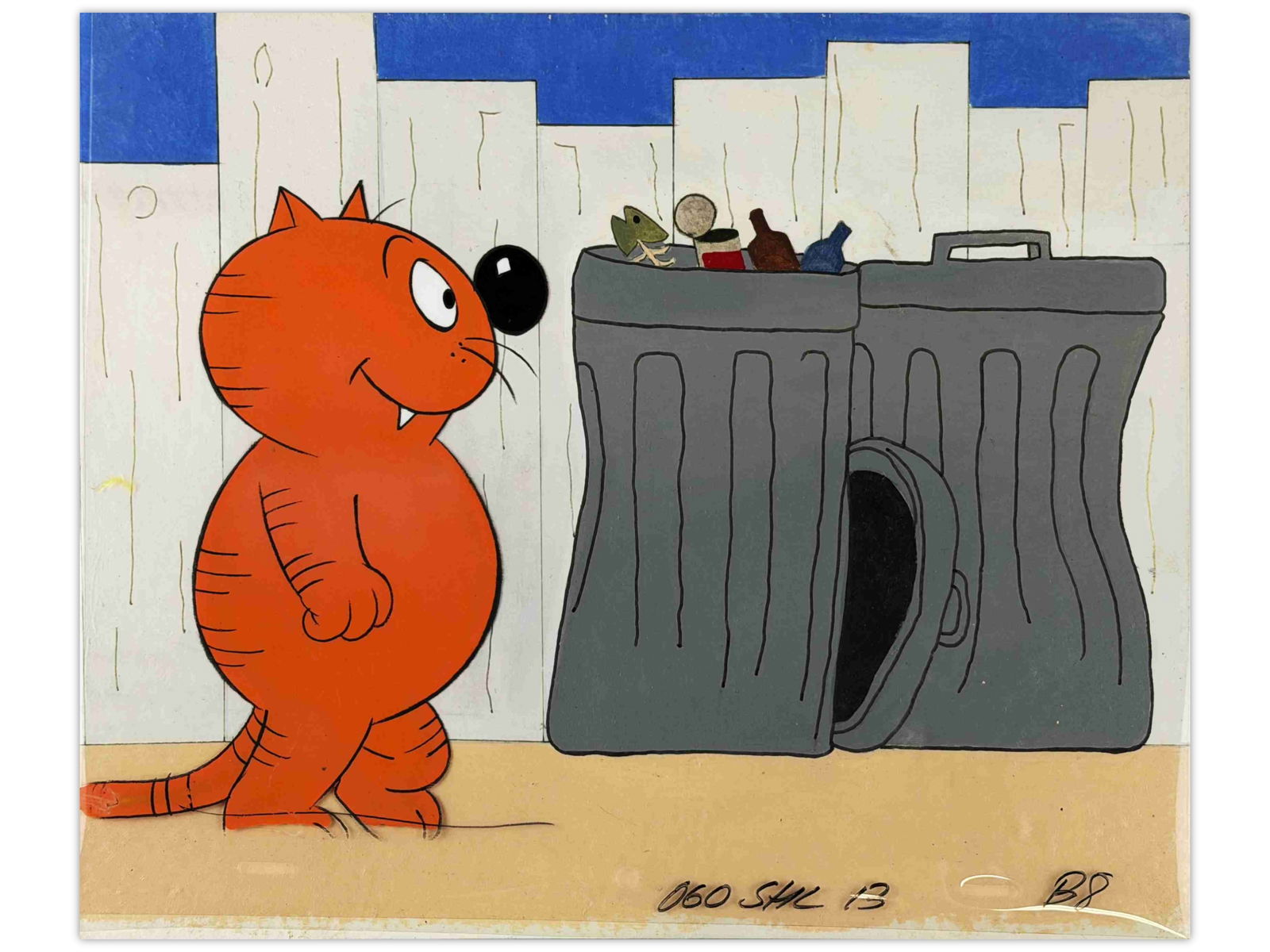 1980's Heathcliff Production Cel & Orig Background: Almost full figure production cel of Heathcliff along with an original hand-painted background. This animated TV series was based on the popular newspaper comic strip. Cel image approx. 5" x 7", and b