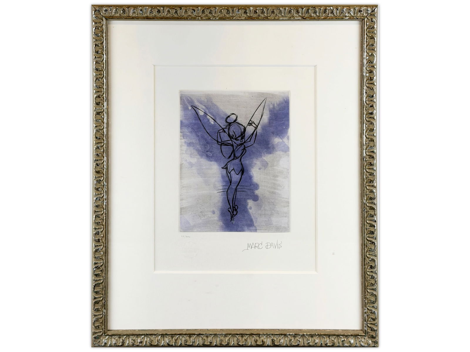 Marc Davis Signed Tinker Bell Limited Edition Aquatint: Disney, 1999. Limited edition aquatint engraving of Tinker Bell. Pencil signed by Disney artist Marc Davis, and pencil numbered 20/600. Image size seen approx. 8" x 10", plate size seen approx. 12" x