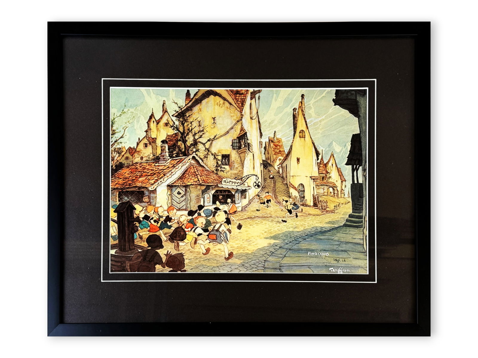 Gustaf Tenggren Pinocchio Lithograph Print: Color lithograph print from Pinocchio by Disney artist Gustaf Tunggren. Signed in the plate by the artist. Sight seen approx. 15.5" x 10.5", overall frame size approx. 23.5" x 18.5".Shipping: Weiss