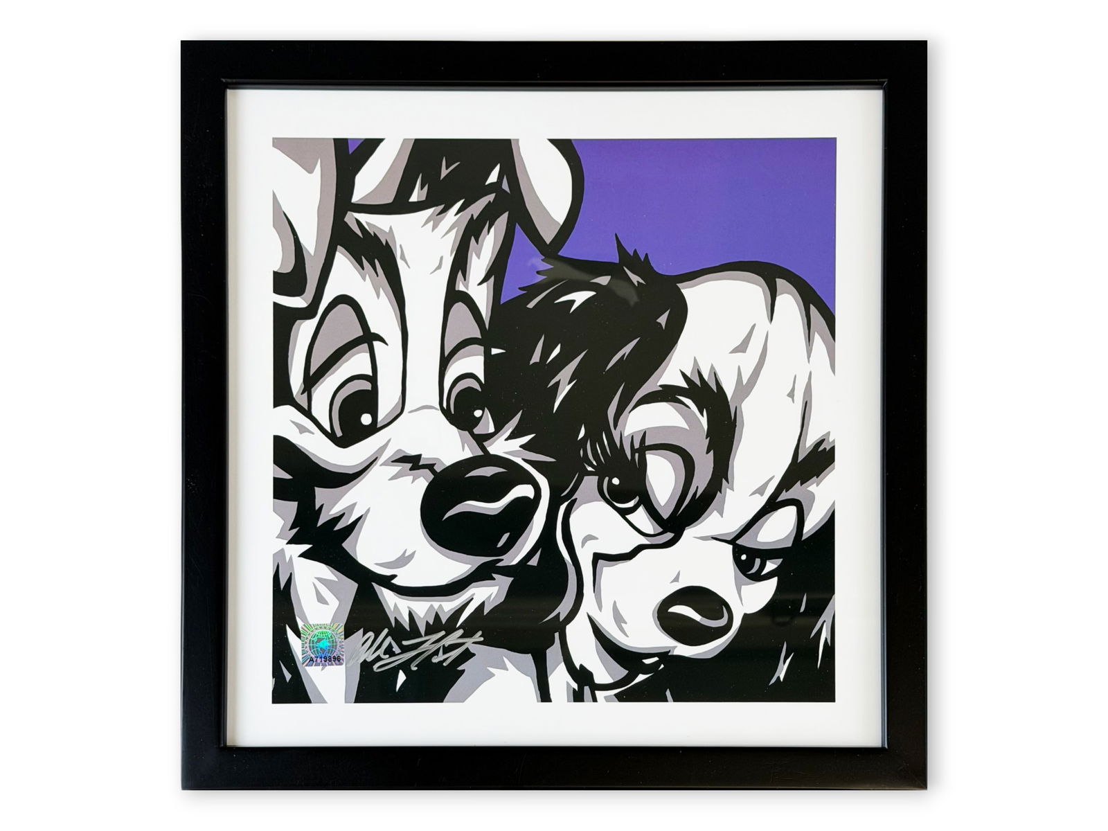 Allison Lefcort, Lady and the Tramp Signed Litho: Titled "Puppy Love", featuring Lady and the Tramp by Allison Lefcort. Lithograph on paper, signed lower left by the artist Lefcort in silver marker. Image size seen approx. 10" x 10", overall frame