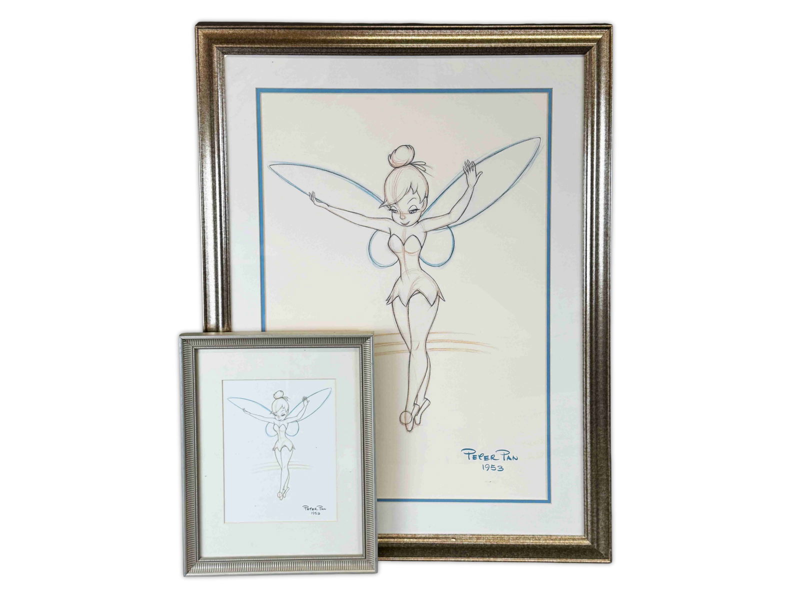 (2) Walt Disney Tinker Bell Peter Pan Prints: Lot of 2, Walt Disney "Tinker Bell" prints from Peter Pan. Sight sizes of each are 7.5" x 9.5 (frame size 12.5" x 15.5"), and 18.5" x 26.5" (frame size 27" x 35"). Shipping may be expensive due to