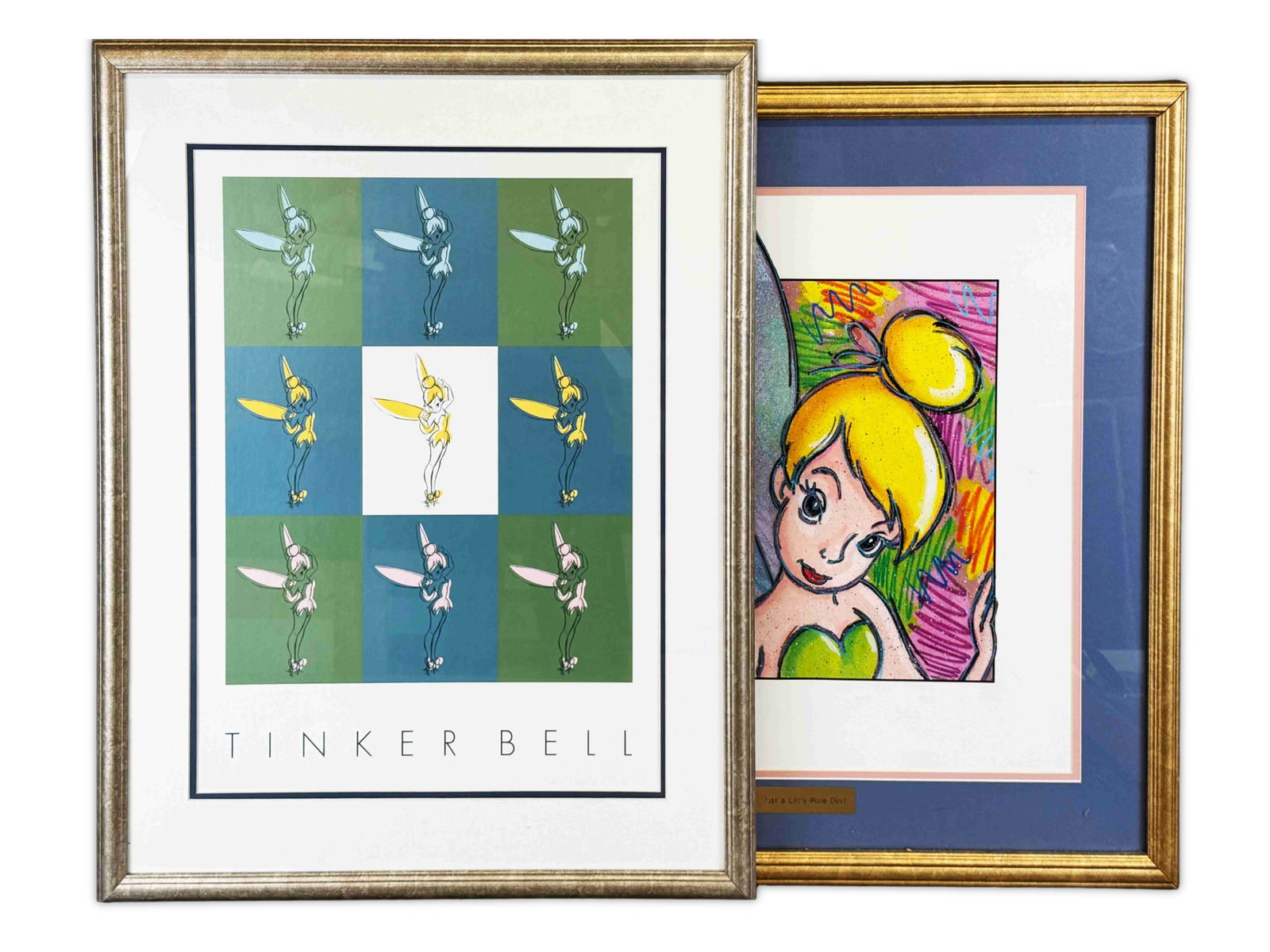 (2) Large Disney Tinker Bell Prints: One titled "Just a Little Pixie Dust", image size 20.5" x 21.5" (frame size 29" x 29.5"), the other a multi sketch print, image size 17.5" x 23" (frame size 25.5" x 31.5"). Shipping may be expensive