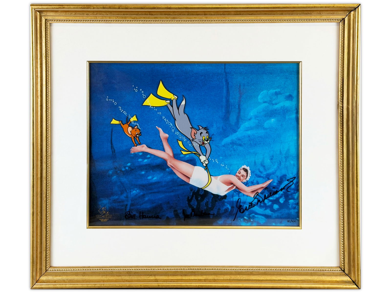 Signed Hanna Barbera Ltd Ed Cel Esther Williams: Limited edition, hand painted animation cel featuring Esther Williams swimming with cartoon characters Tom and Jerry from the 1953 MGM film "Dangerous When Wet". Cel is signed by creators William Hann
