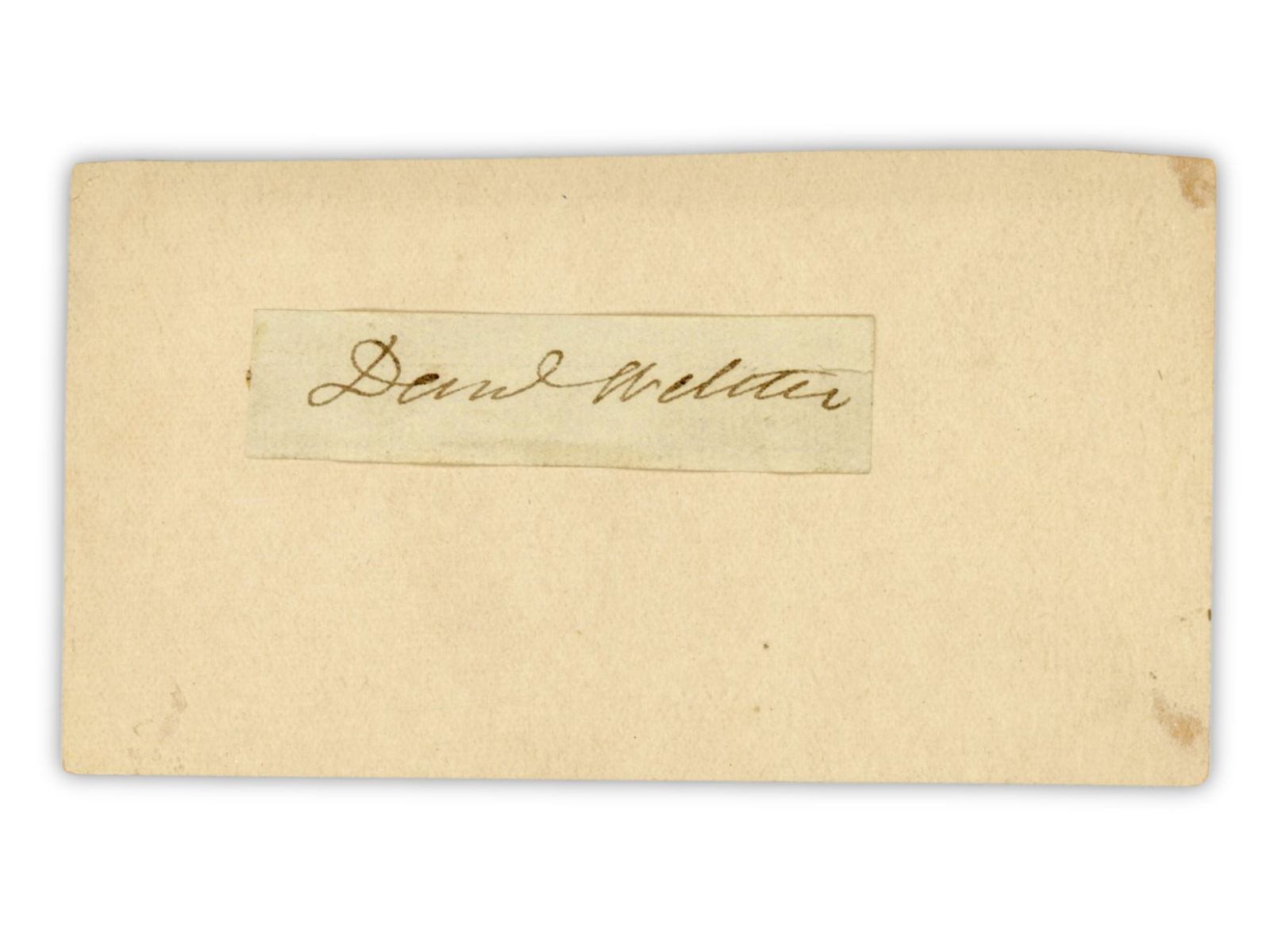 Daniel Webster Ink Signature Cut: Ink signature of Daniel Webster, signed "Dan'l Webster," on a small cut measuring approx. 2.5 x 0.5 inches, affixed to a 4.5 x 2.5 inch card. Webster served as U.S. Senator, Representative, and