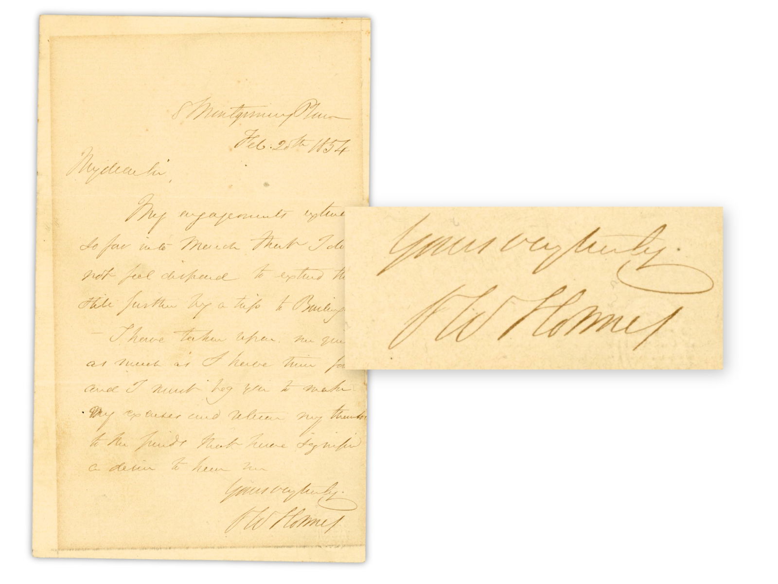 Oliver Wendell Holmes ALS, 1857: Autograph letter signed "O. W. Holmes," dated February 25, 1857, written from Montgomery Place. Holmes discusses personal engagements and travel plans, including declining to extend a visit and