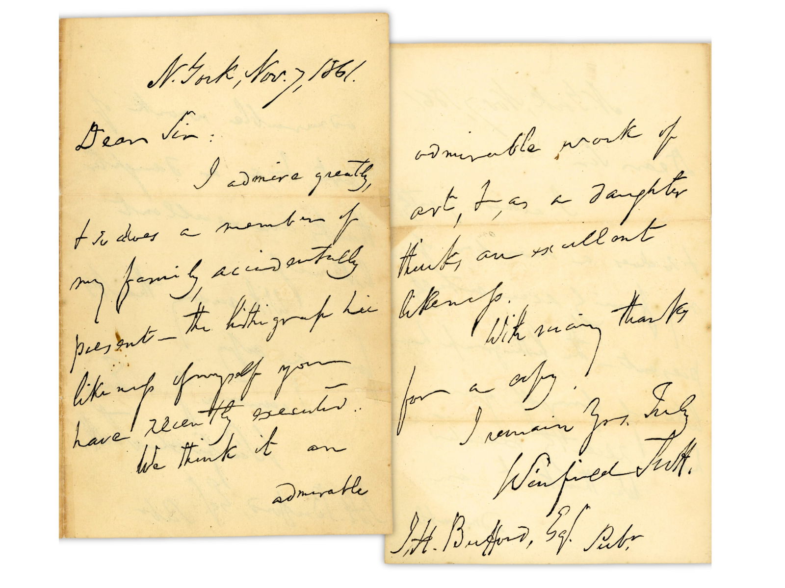 Winfield Scott ALS: Autograph letter signed by Winfield Scott, written from New York and dated November 7, 1861, during the early months of the Civil War. Scott, a career Army officer and commanding general of the