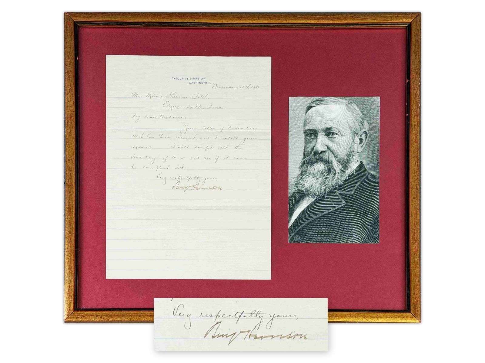 Benjamin Harrison LS, 1891: Letter signed by Benjamin Harrison, 1 page, 4to, Executive Mansion, dated November 20, 1891. Written during Harrison's presidency, reflecting routine executive correspondence from the White House.