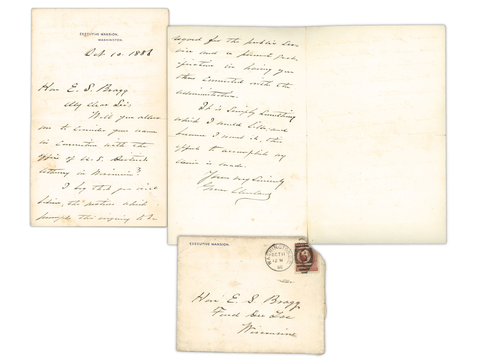 Grover Cleveland ALS - Executive Mansion, 1886: Autograph letter signed by Grover Cleveland, dated 1886, written on Executive Mansion stationery. Two-page letter addressed to Hon. E. S. Bragg of Fond du Lac, Wisconsin, inquiring whether Bragg