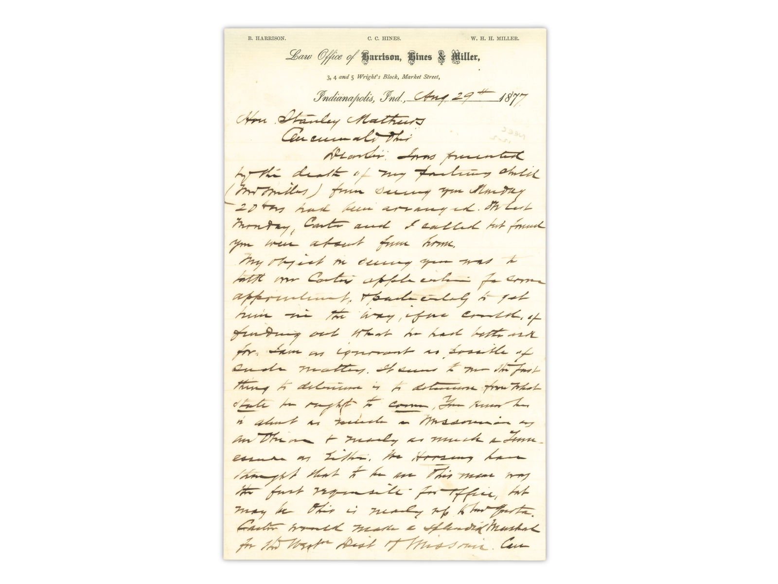 Benjamin Harrison ALS - Indianapolis, 1877 - 2